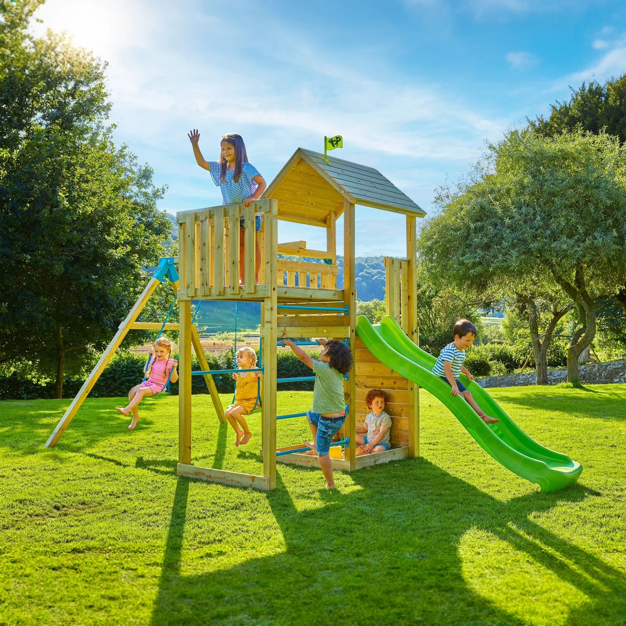 TP Skywood Wooden Tower Climbing Frame with Ripple Slide, Sky Deck & Double Swing Arm - FSC® certified