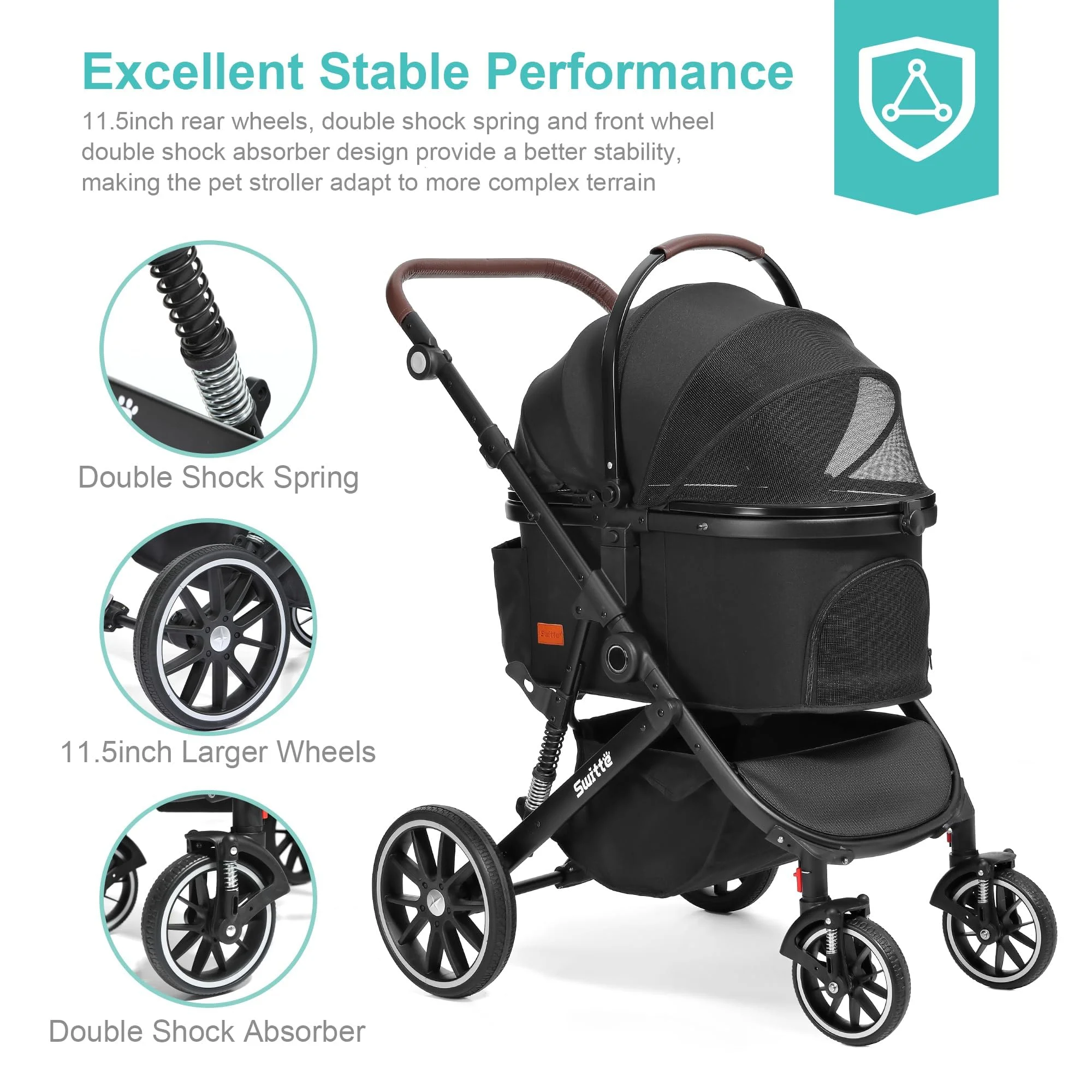 2026 SWITTE Pet Stroller Foldable Dog & Cat Stroller 3-in-1 4 Wheels Travel Jogger, Black