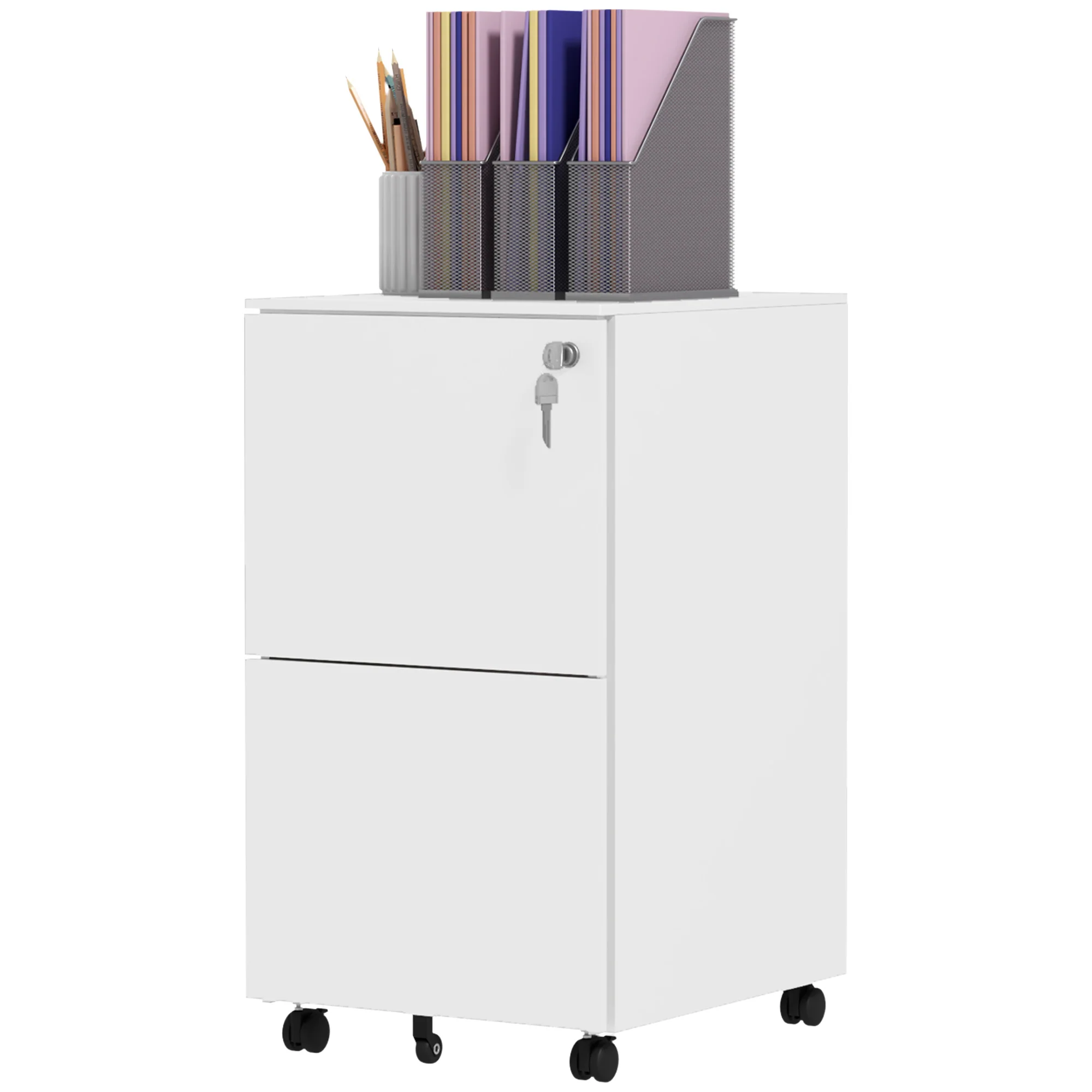 2-Drawer Steel Mobile File Cabinet with Lock, Under-Desk Office Cabinet, White