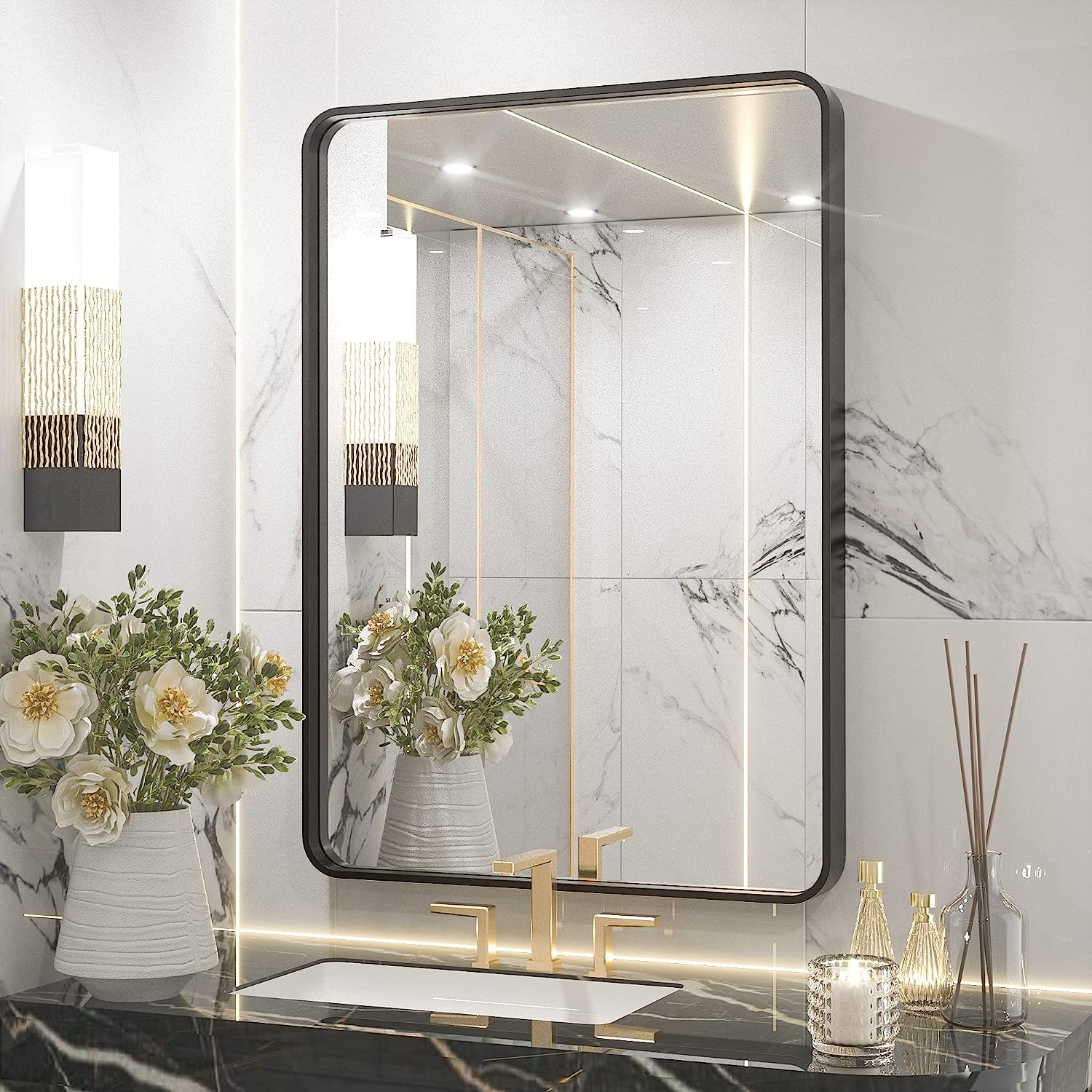 TETOTE Black Framed Mirrors for Bathroom, 22x30 Inch Brushed Metal Frame Wall Mounted Mirror
