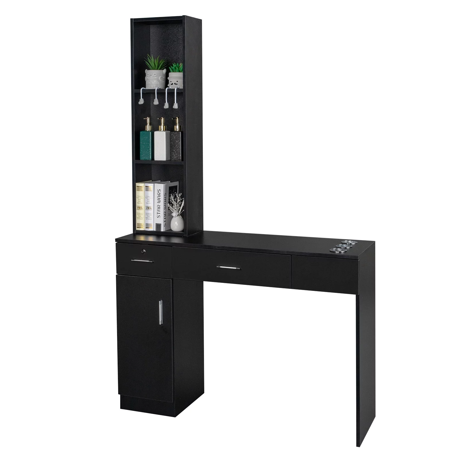 2026 OmySalon Barber Station Wall Mount Salon Hair Styling Beauty Spa Equipment with 2 Drawers, 1 Storage Cabinet, 3 Open Shelves (Black)