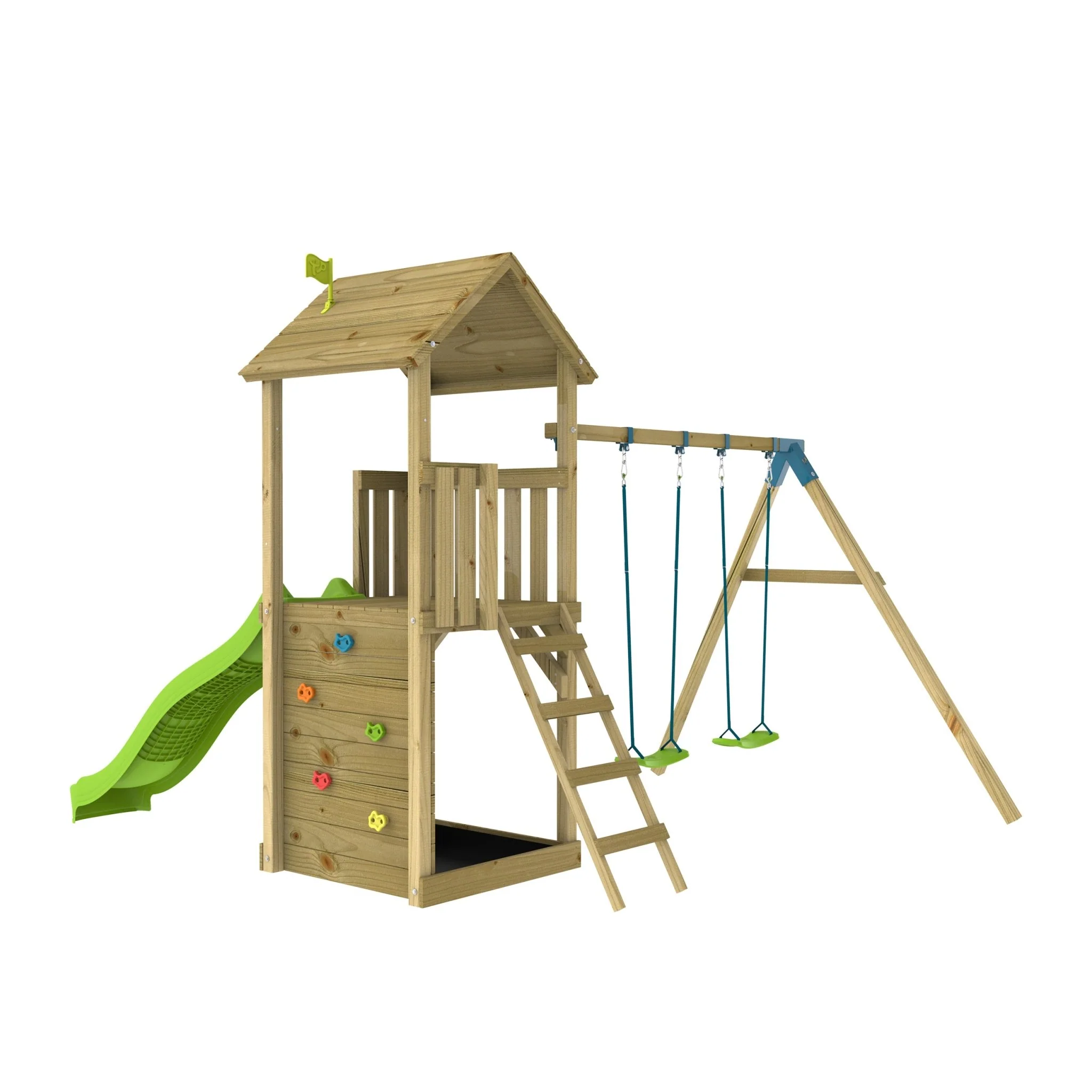 TP Skywood Wooden Tower Climbing Frame with Ripple Slide & Double Swing Arm - FSC® certified