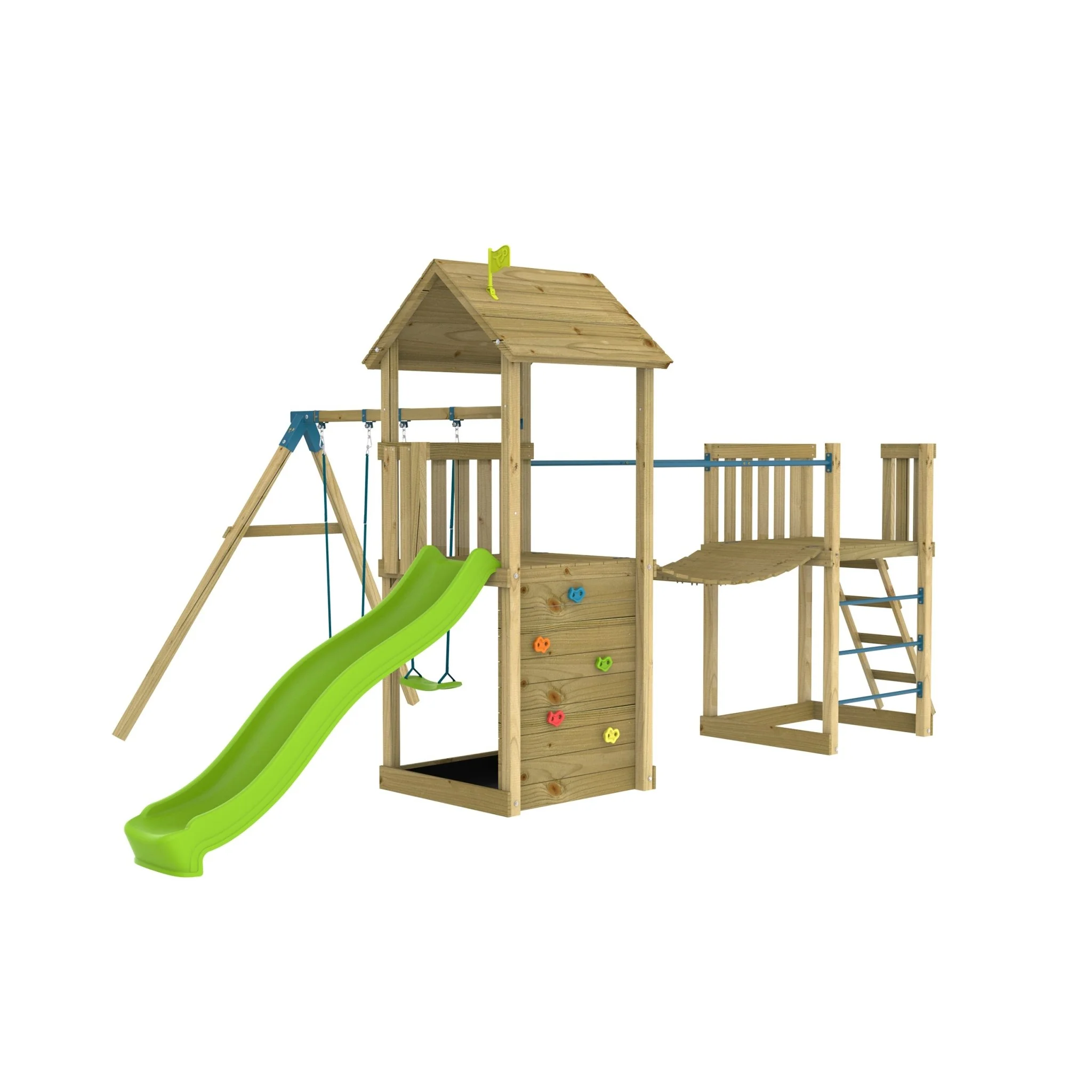 TP Skywood Wooden Tower Climbing Frame with Ripple Slide, Sky Bridge, Mini Tower & Double Swing Arm - FSC® certified