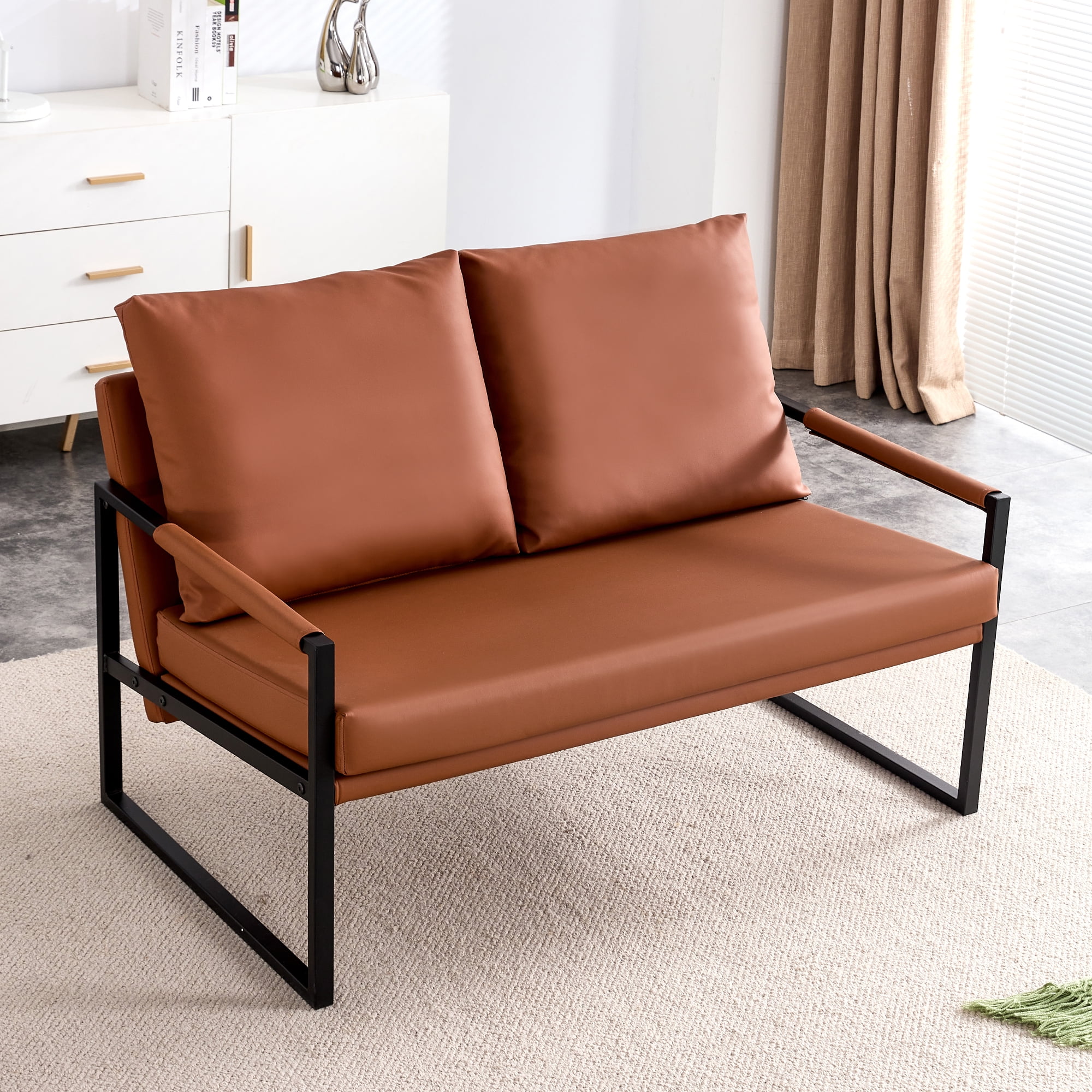 2026 Modern Two-Seater Sofa Chair with 2 Pillows - PU Leather, High-Density Foam, Black Coated Metal Frame.Brown SF-D008