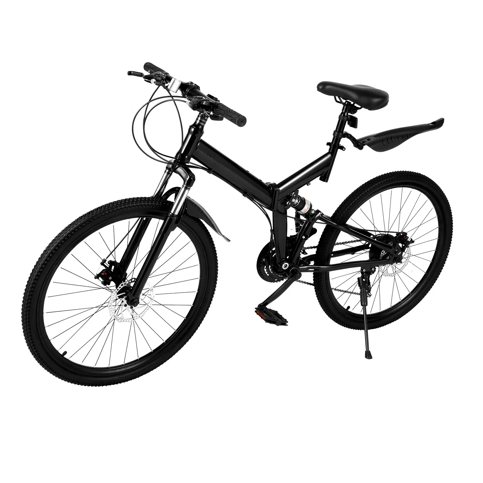 2026 Aiqidi 26 Inch 21 Speed Folding Mountain Bike Full Suspension Dual Disc Brakes Bicycle Unisex Adult Bicycle Black