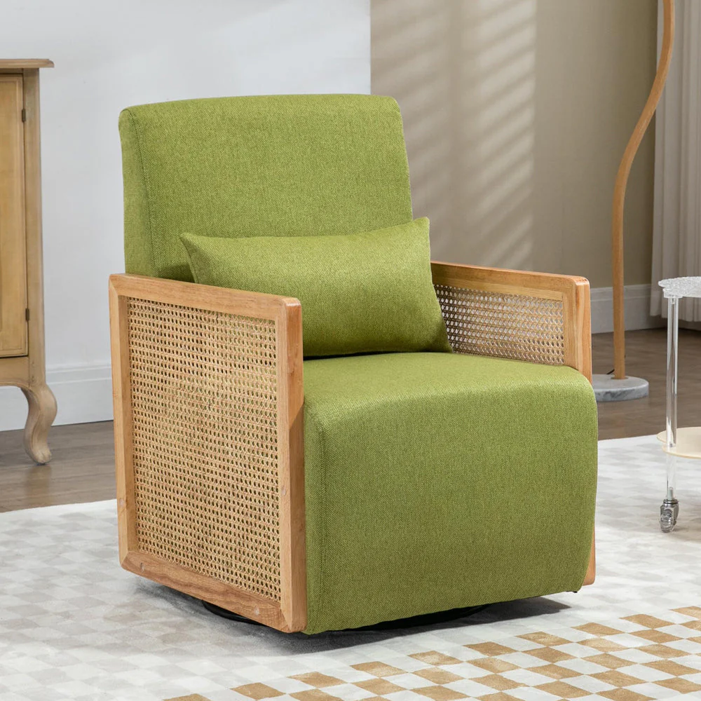 Swivel Sofa Chair with Rattan Armrests and Waist Pillow