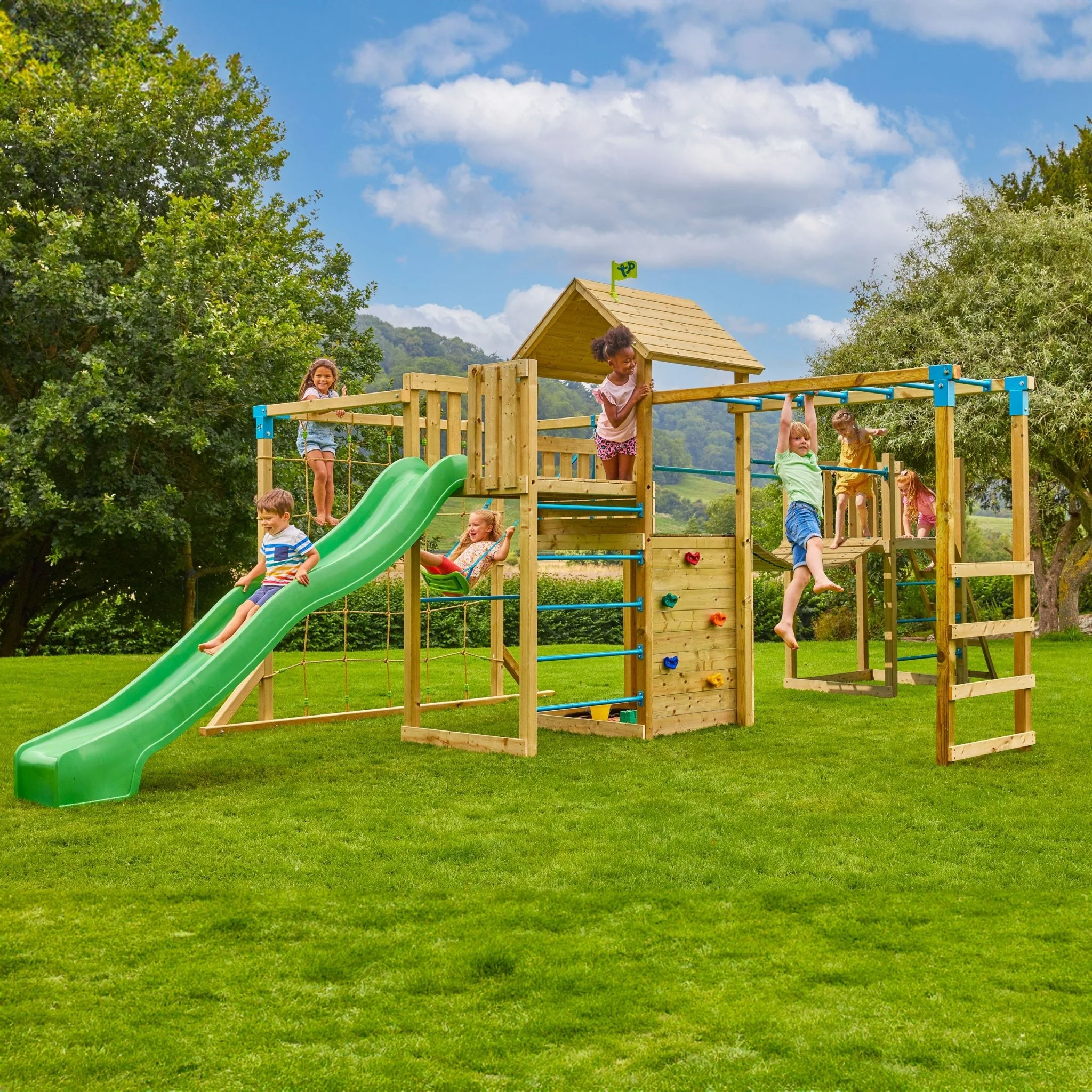 TP Skywood Wooden Tower Climbing Frame with Super Wavy Slide, Sky Deck, Monkey Bars, Skyline with Rapide Swing Seat & extra play tower - FSC® certified