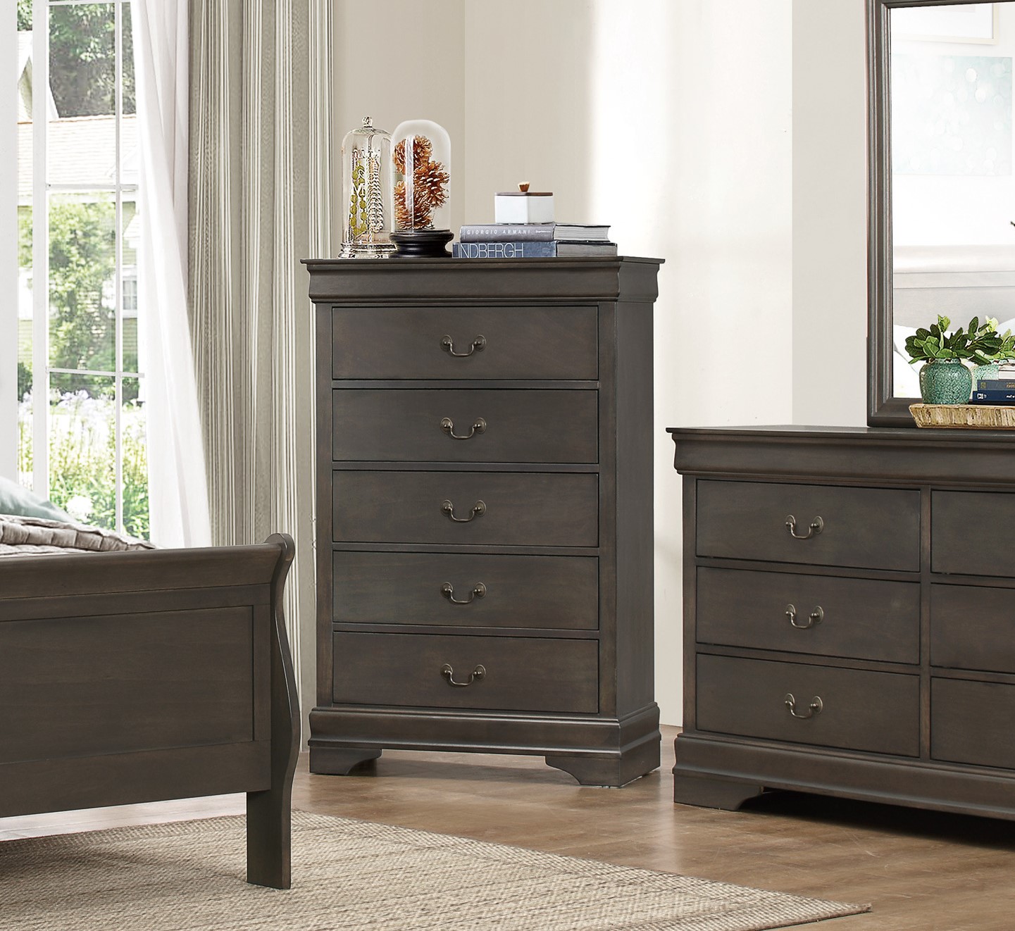 DeeHome Classic Louis Philippe Style Stained Gray Finish 1pc Chest of 5x Drawers Traditional Design Bedroom Furniture