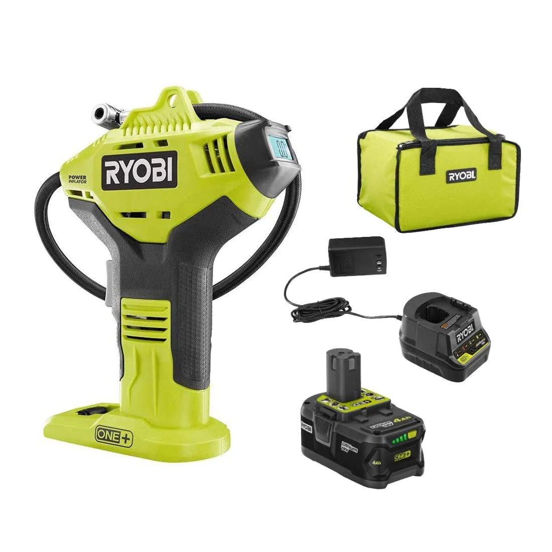 2026 Ryobi P737D 18-Volt One+ Cordless High Pressure Inflator with Digital Gauge, 4.0 Ah 18-Volt One+ High Capacity Lithium-Ion Battery, Charger, and Bag