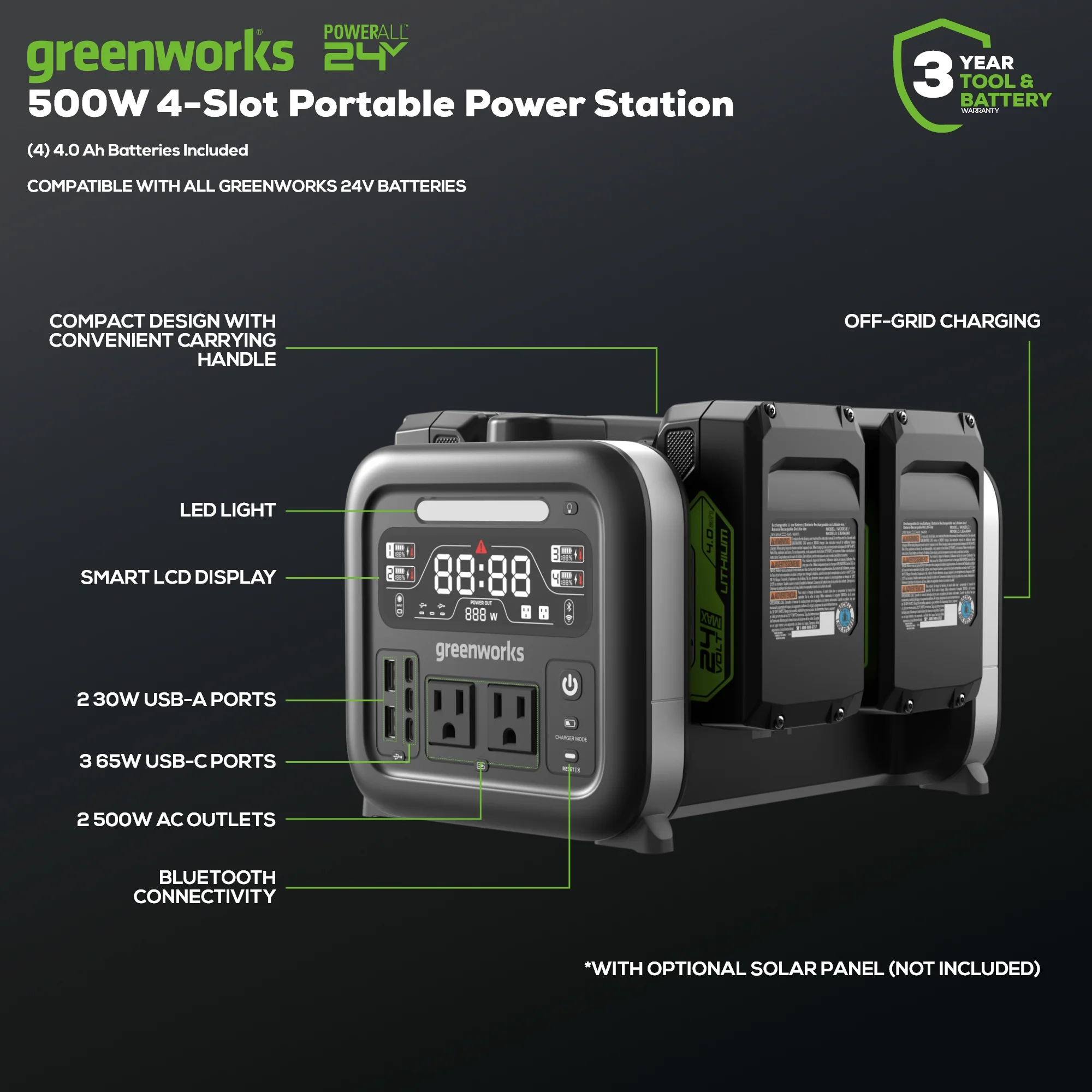 2026 24V 500W Portable Power Station w/ (4)4.0Ah Battery & Charger