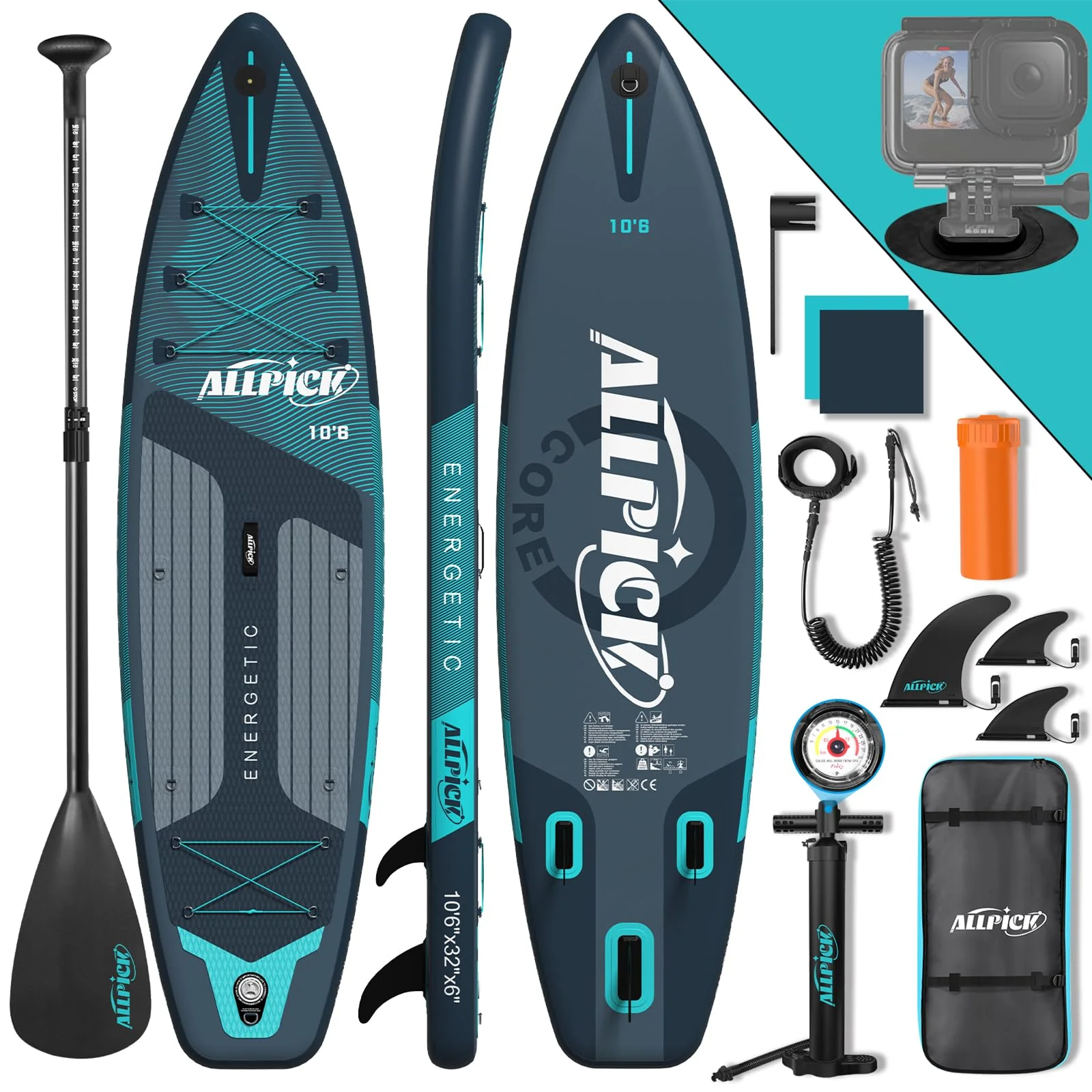 ALLPICK Premium SUP Board Set, Stand Up Paddling Board Aufblasbar, Mit Universal Kamerahalterung, Komplettes Zubehör, Verstellbares Paddel, Anfänger, Fortgeschrittene, 180kg (Premium-Grün)