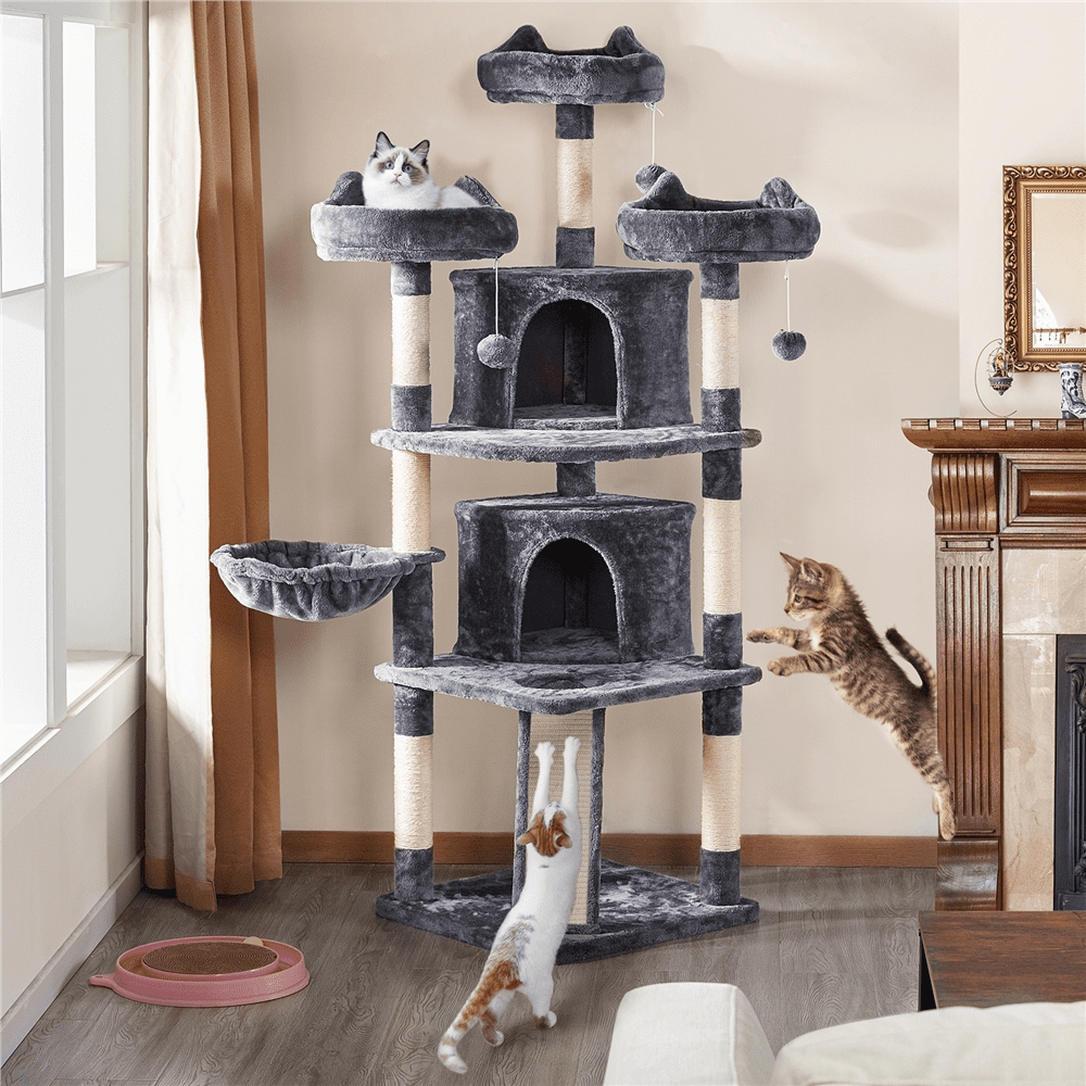 Topeakmart 69'' Large Cat Tree Tower with 2 Condos and Scratching Post, Dark Gray
