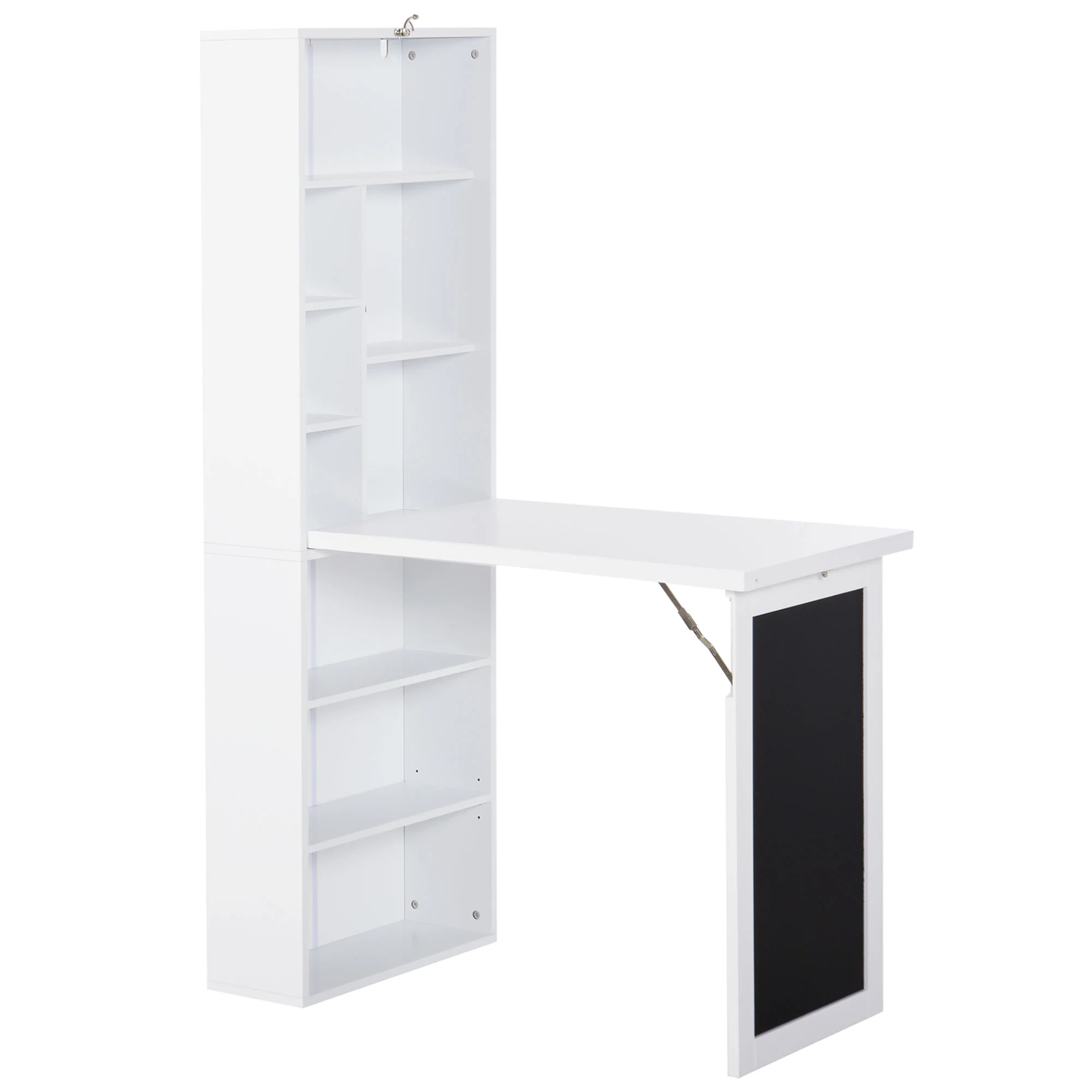 Wall Mounted Computer Desk, Folding Study Table with Black Board and Bookshelf, White