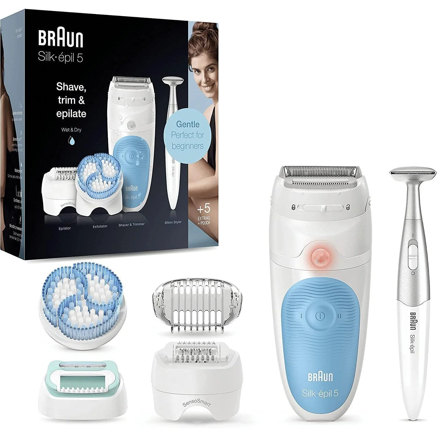 Braun Silk-épil 5, Epilator for Gentle Hair Removal, with 5 Extras, Pouch, Bikini Styler, 5-815