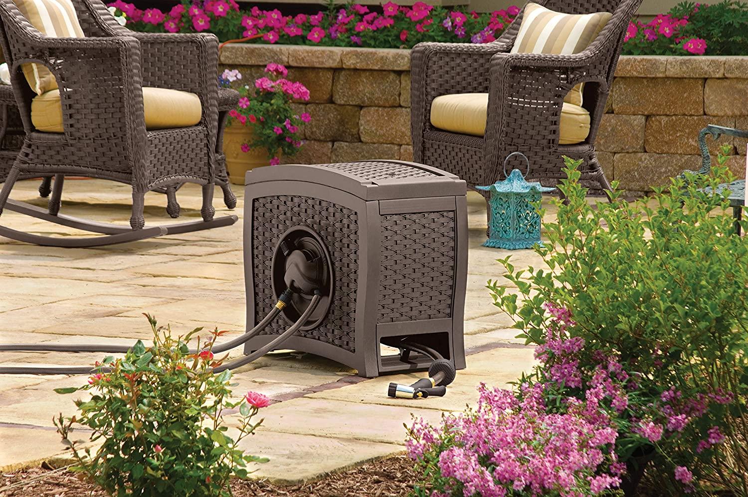 Suncast Aquawinder 125′ Wicker Garden Hose Reel – Lightweight Portable Hands – Free Water Powered Retractable Hose Reel – Java