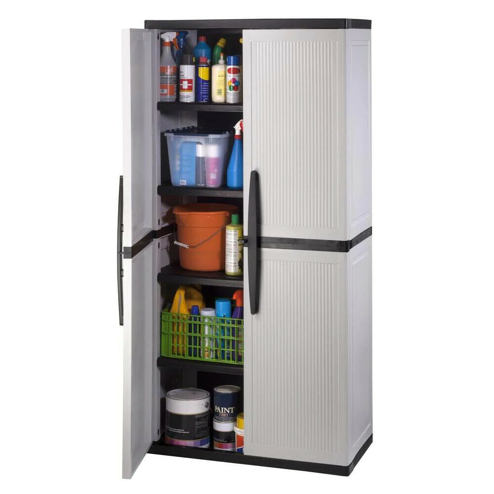 2026 HDX Gray Plastic Freestanding Garage Cabinet, 35′′W x 71′′H x 18′′D, with Adjustable Shelves and Lockable Doors