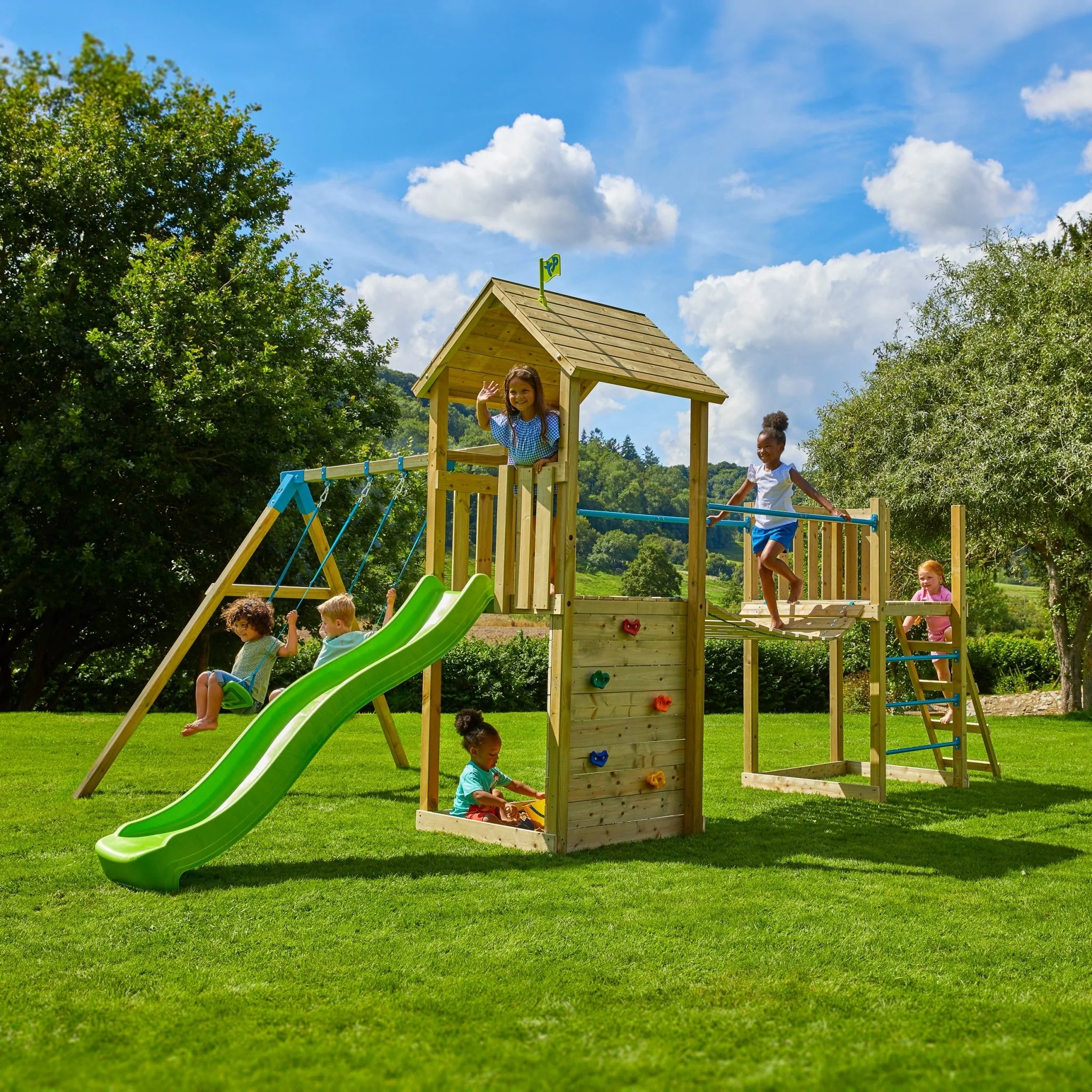 TP Skywood Wooden Tower Climbing Frame with Ripple Slide, Sky Bridge, Mini Tower & Double Swing Arm - FSC® certified