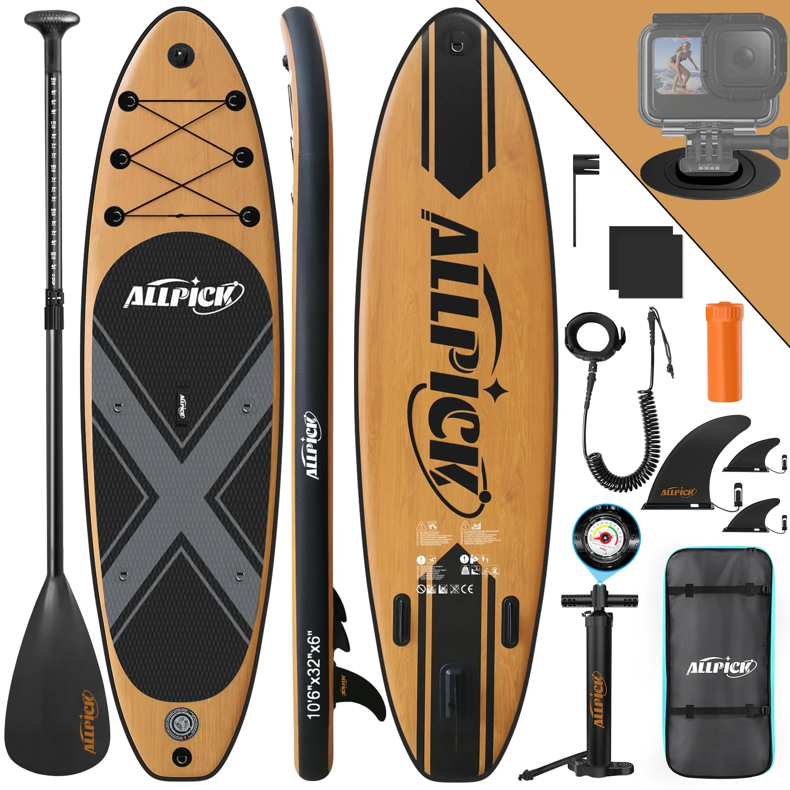 ALLPICK Premium SUP Board Set, Stand Up Paddling Board Aufblasbar, Mit Universal Kamerahalterung, Komplettes Zubehör, Verstellbares Paddel, Anfänger und Fortgeschrittene, Holzmaserung