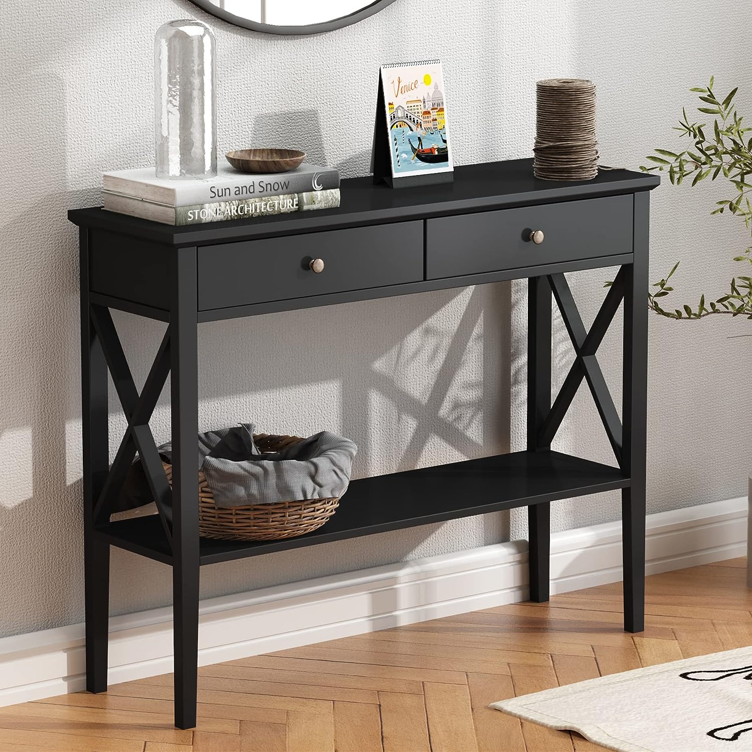 ChooChoo Console Table with Drawers, Narrow Wood Accent Sofa Table Entryway Table