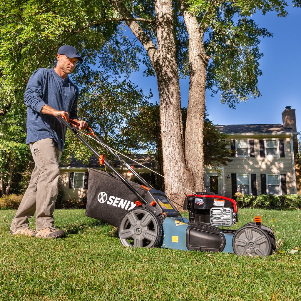 2026 SENIX Self-Propelled Gas Lawn Mower, 21-Inch, 150 cc 4-Cycle Briggs & Stratton Engine, 3-In-1 Single Speed Lawnmower, 6-Position Height Adjustment with 11-Inch Rear Wheels, LSSG-M1, Blue