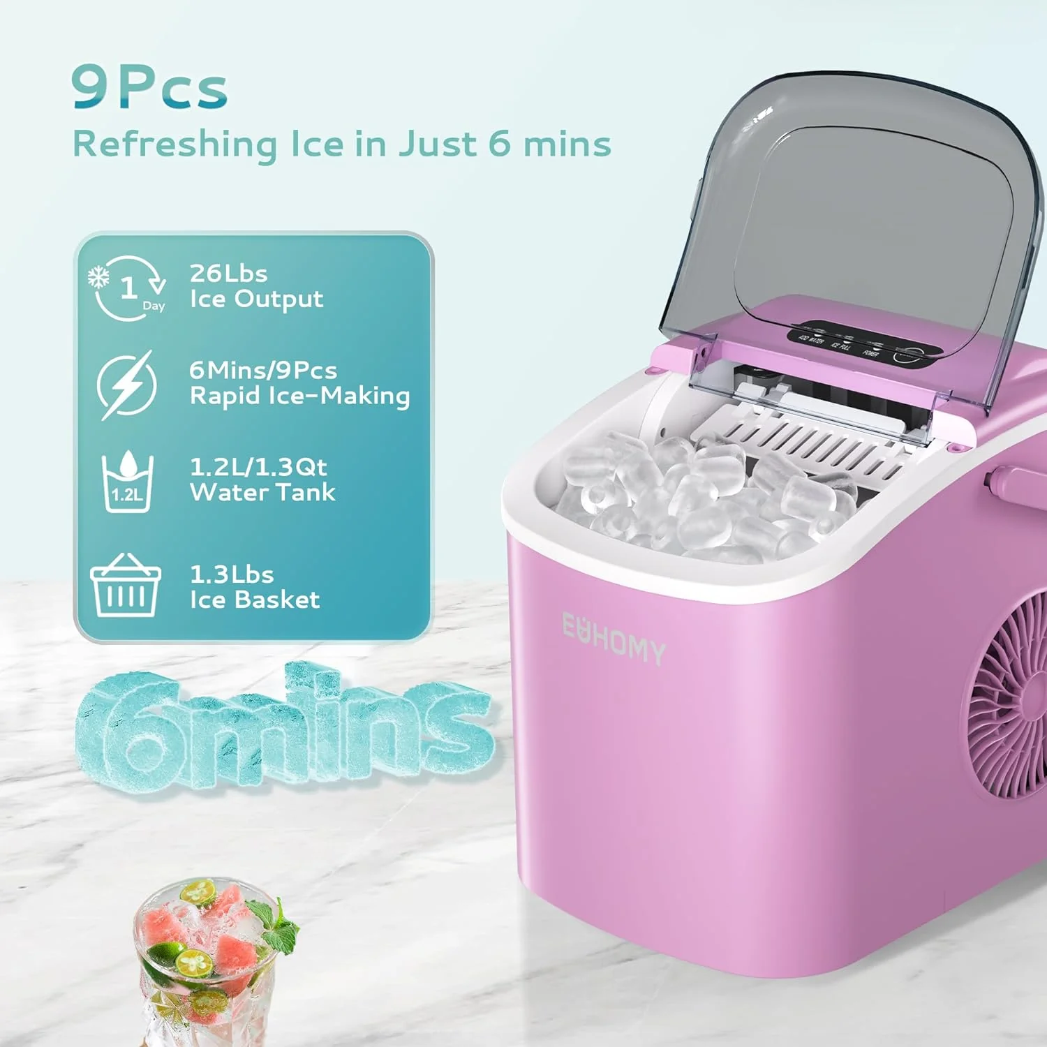 2026 EUHOMY 12'' Pink Ultra Quieter Bullet Ice Portable Tabletop Ice Maker with Handle