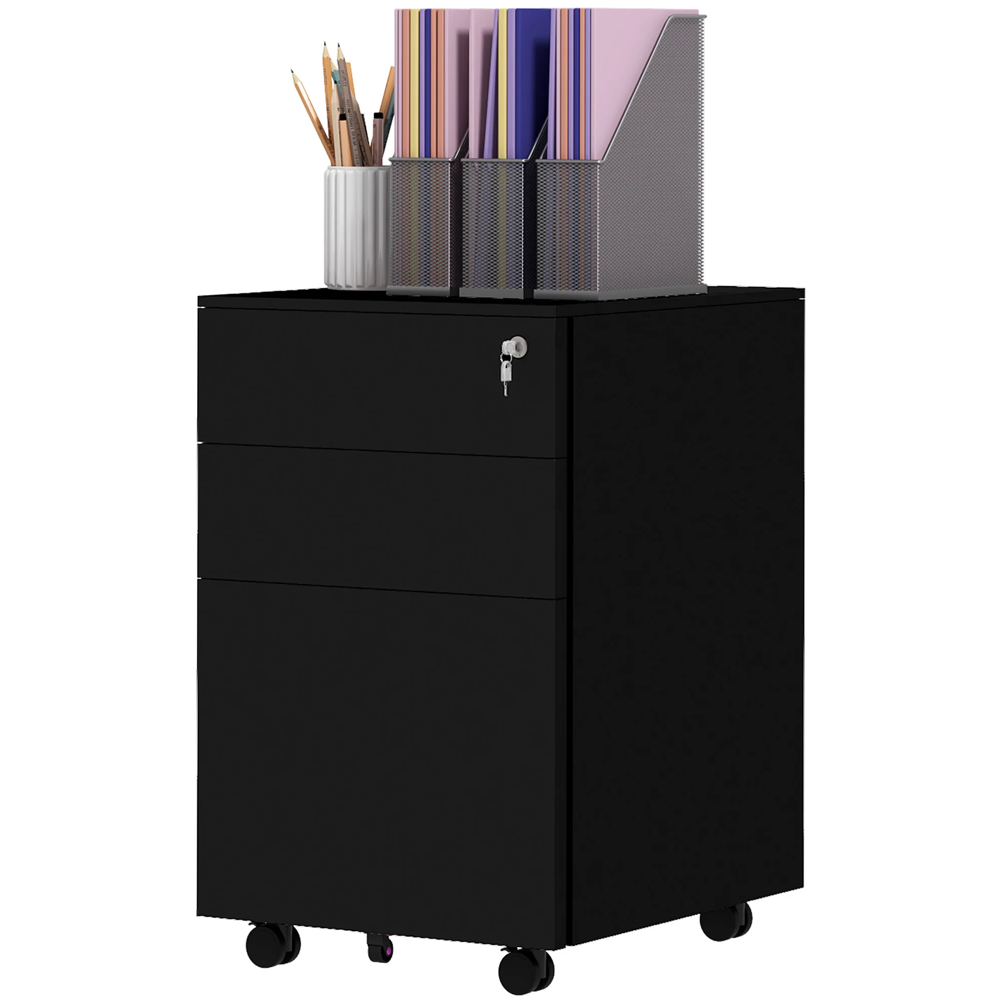 3-Drawer Mobile Filing Cabinet with Pencil Tray, Steel Lockable File Cabinet, Black