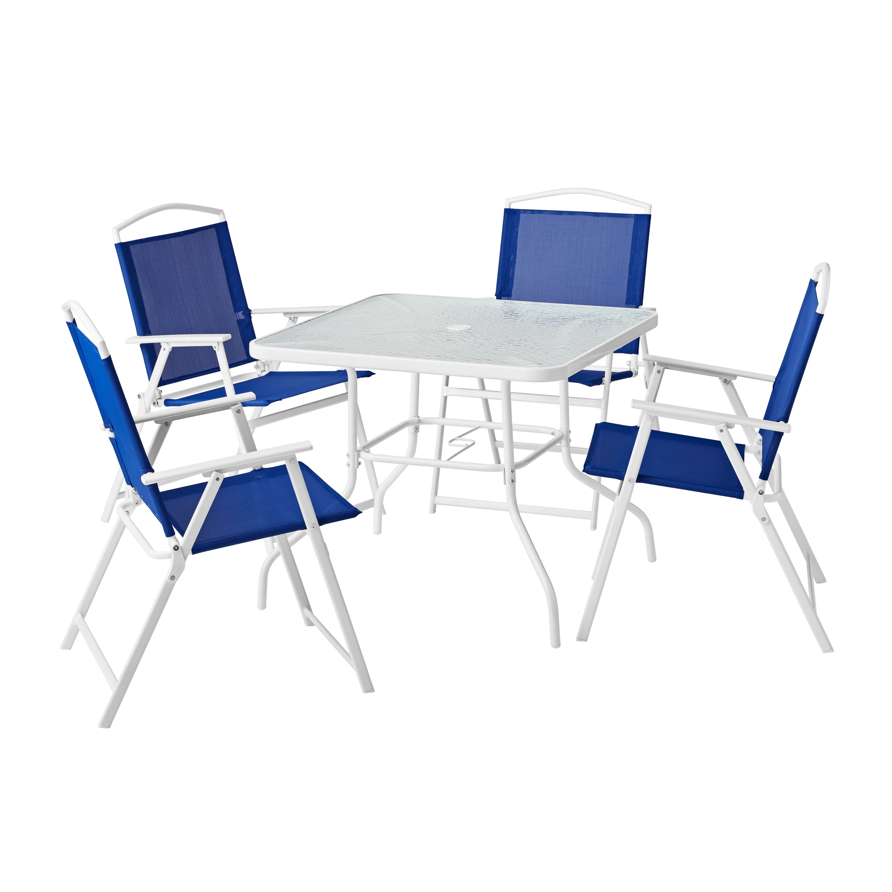 2026 Mainstays Albany Lane Outdoor Patio 5-Piece Dining Set, White Steel Frame and Blue Sling