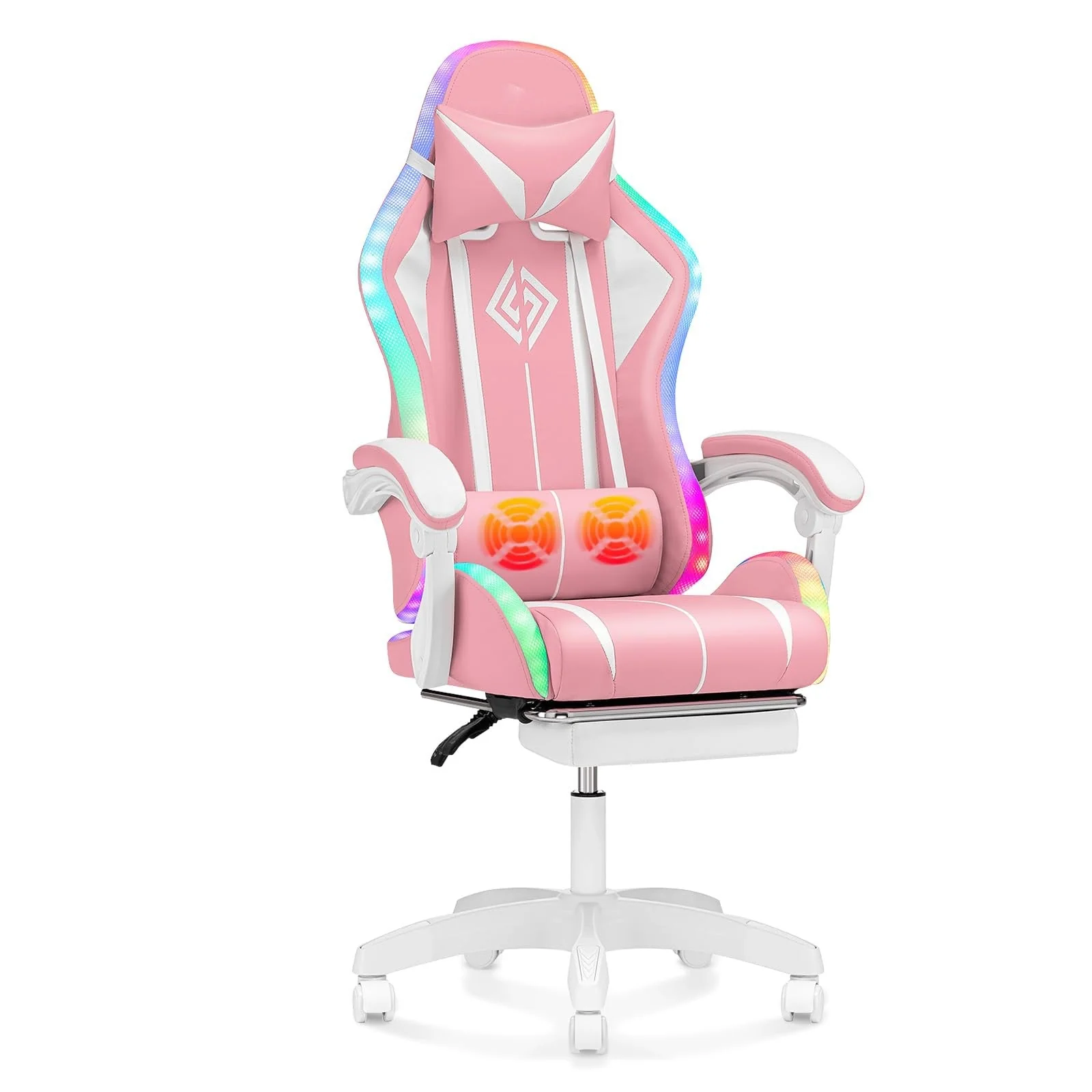 RGB Gaming Chair with Massage, LED Lights, Footrest & Adjustable Lumbar Support – Light Blue & White