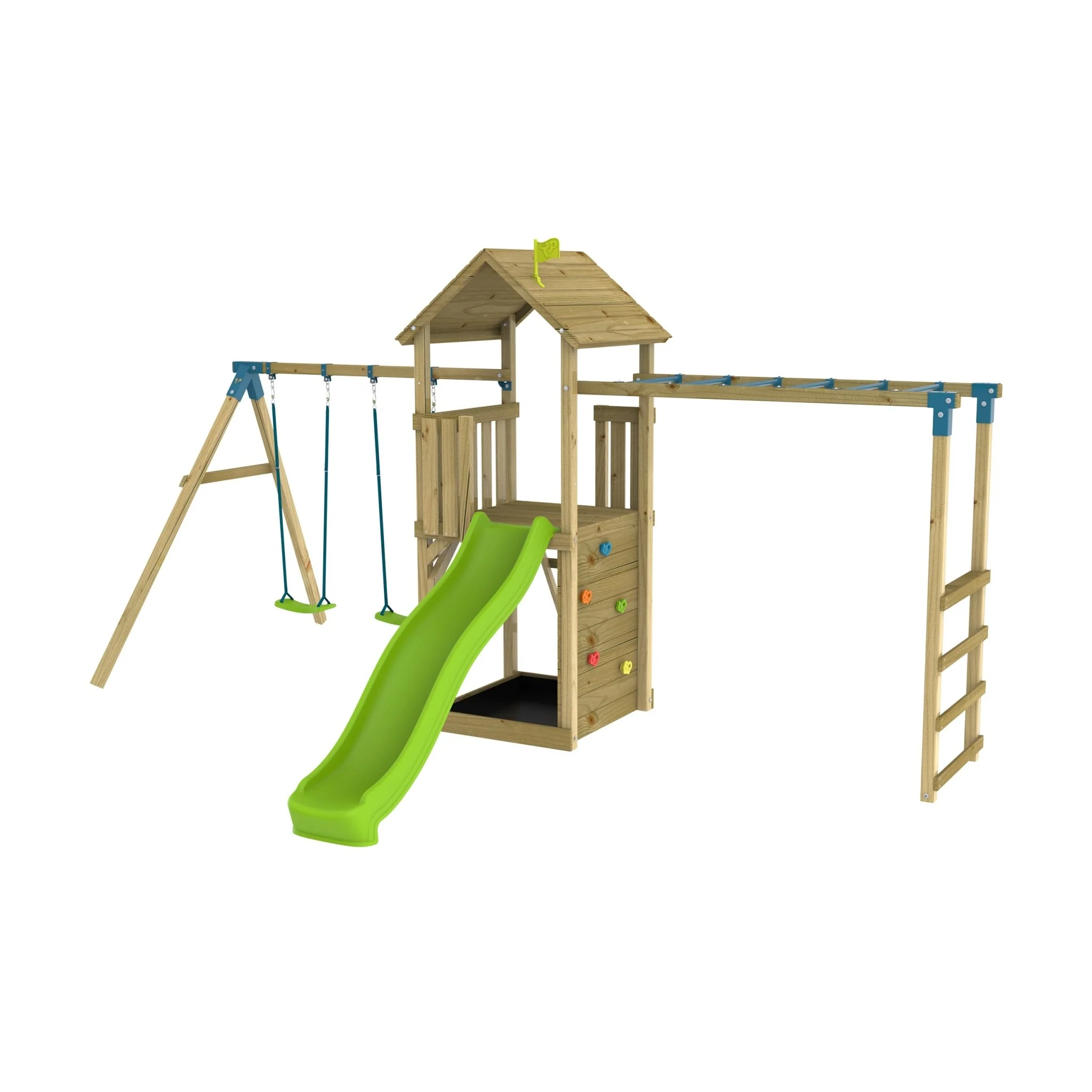 TP Skywood Wooden Tower Climbing Frame with Ripple Slide, Monkey Bars & Double Swing Arm - FSC® certified