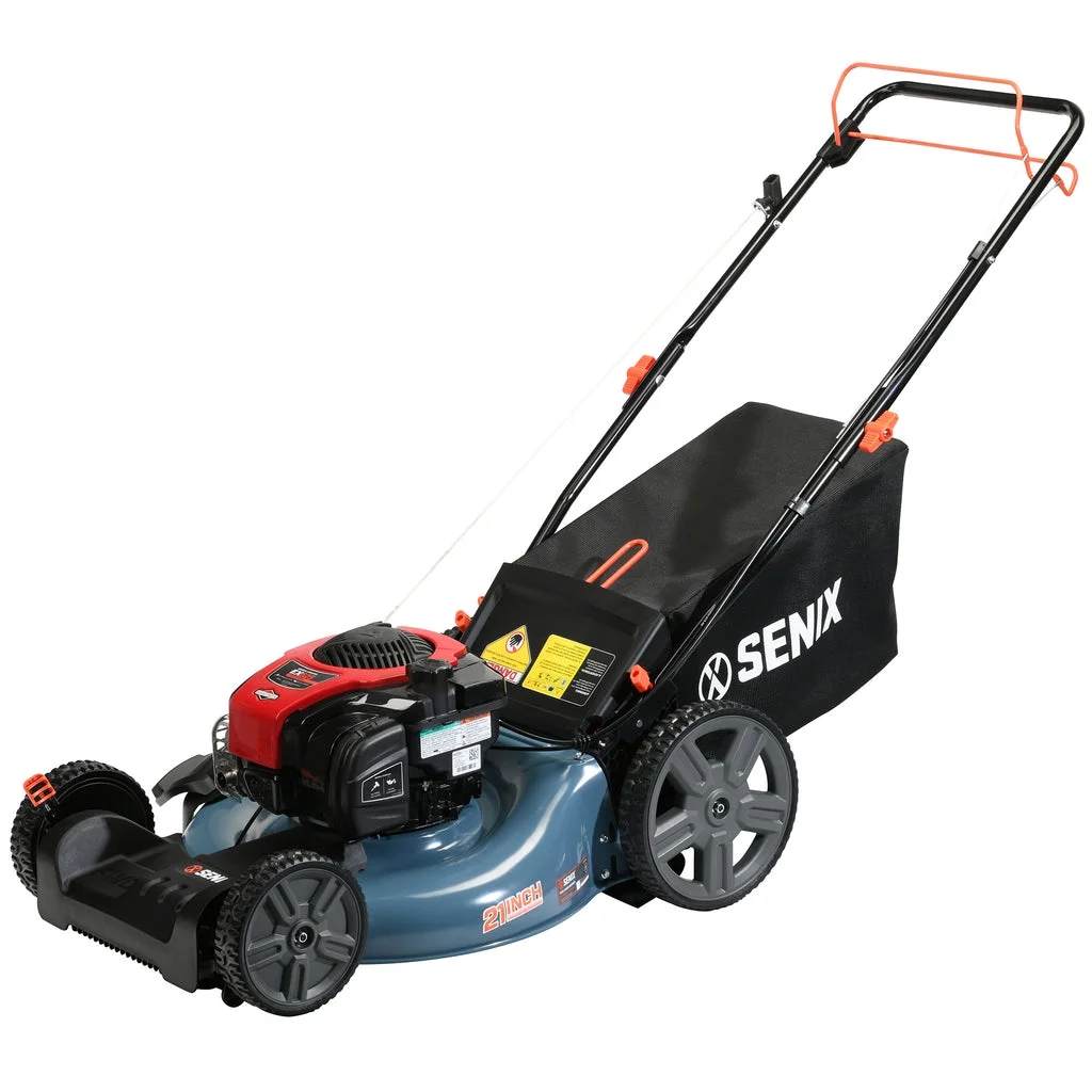 2026 SENIX Self-Propelled Gas Lawn Mower, 21-Inch, 150 cc 4-Cycle Briggs & Stratton Engine, 3-In-1 Single Speed Lawnmower, 6-Position Height Adjustment with 11-Inch Rear Wheels, LSSG-M1, Blue