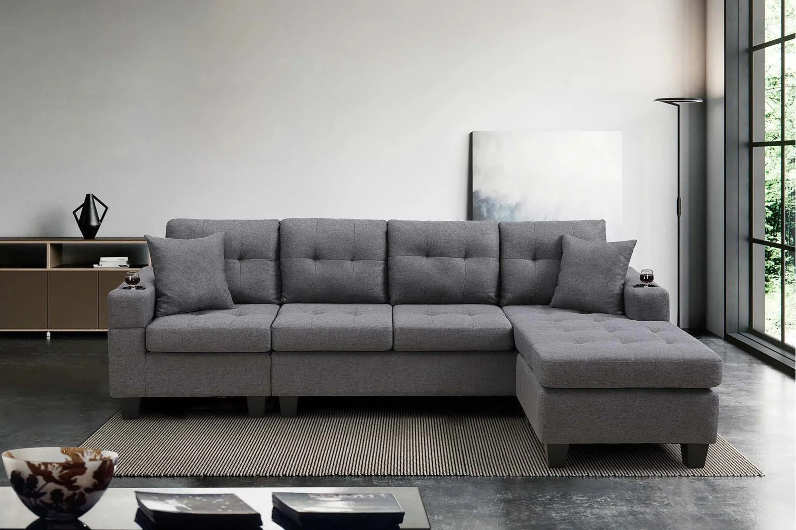 Reversible 4-Seater L-Shape Sectional Sofa with Chaise & Ottoman | Modern Upholstered Living Room Set