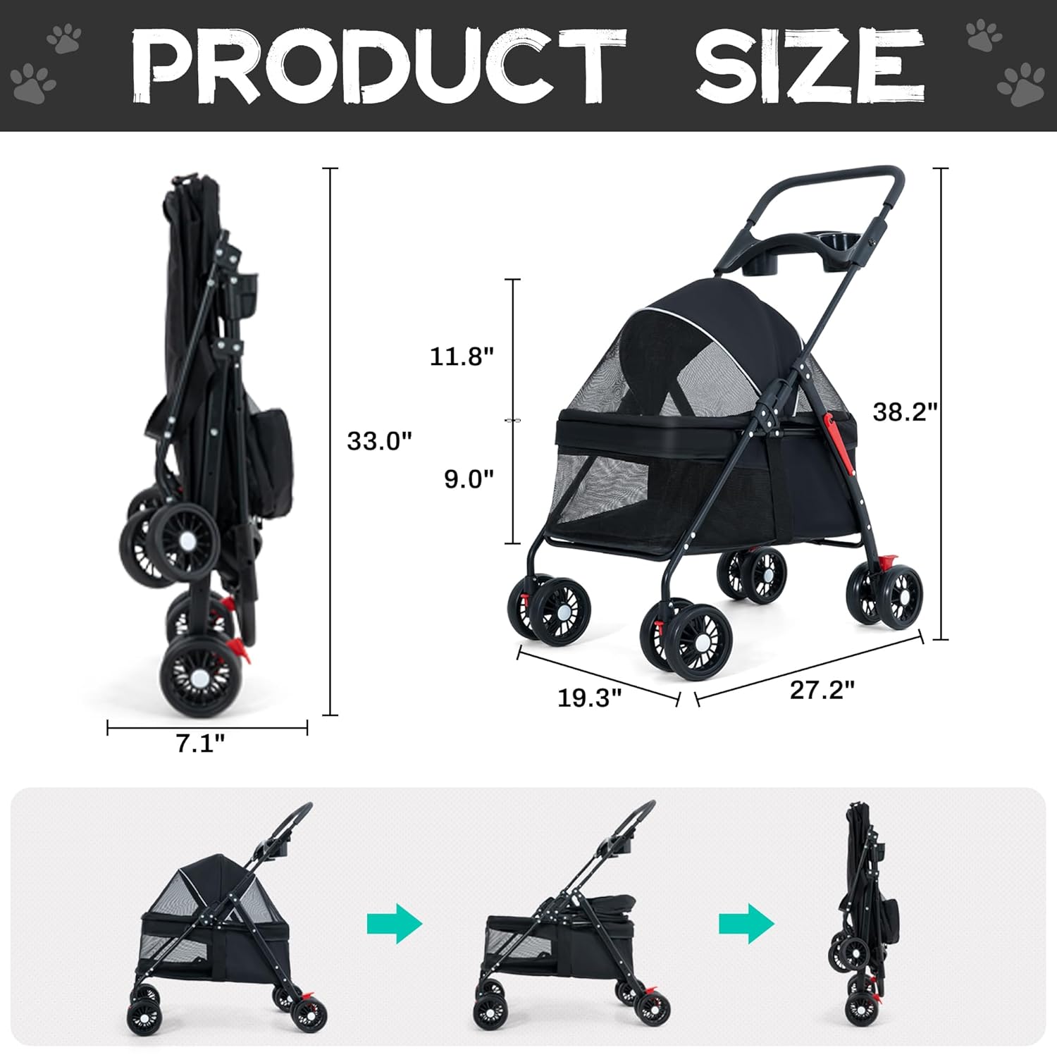 Pet Stroller 4 Wheels Dog Cat Stroller,Pet Folding Stroller,Foldable Dog Cat Cage Jogger Stroller with Storage Basket and Cup Holder,Breathable and Visible Mesh for Medium Small Dogs Cats