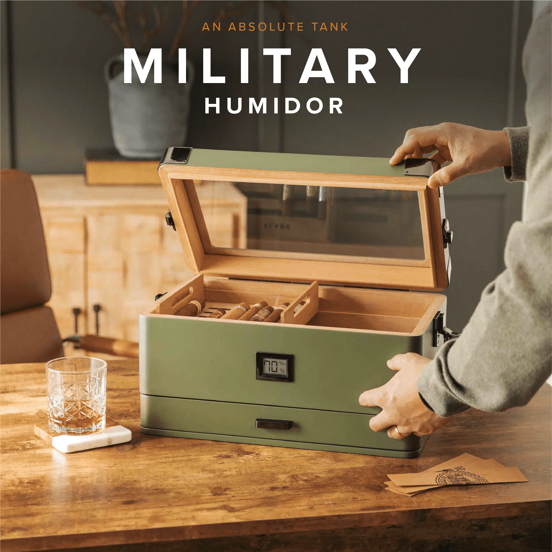 Rugged Military Humidor with Foam-Lined Accessory Drawer & Gunmetal Kit