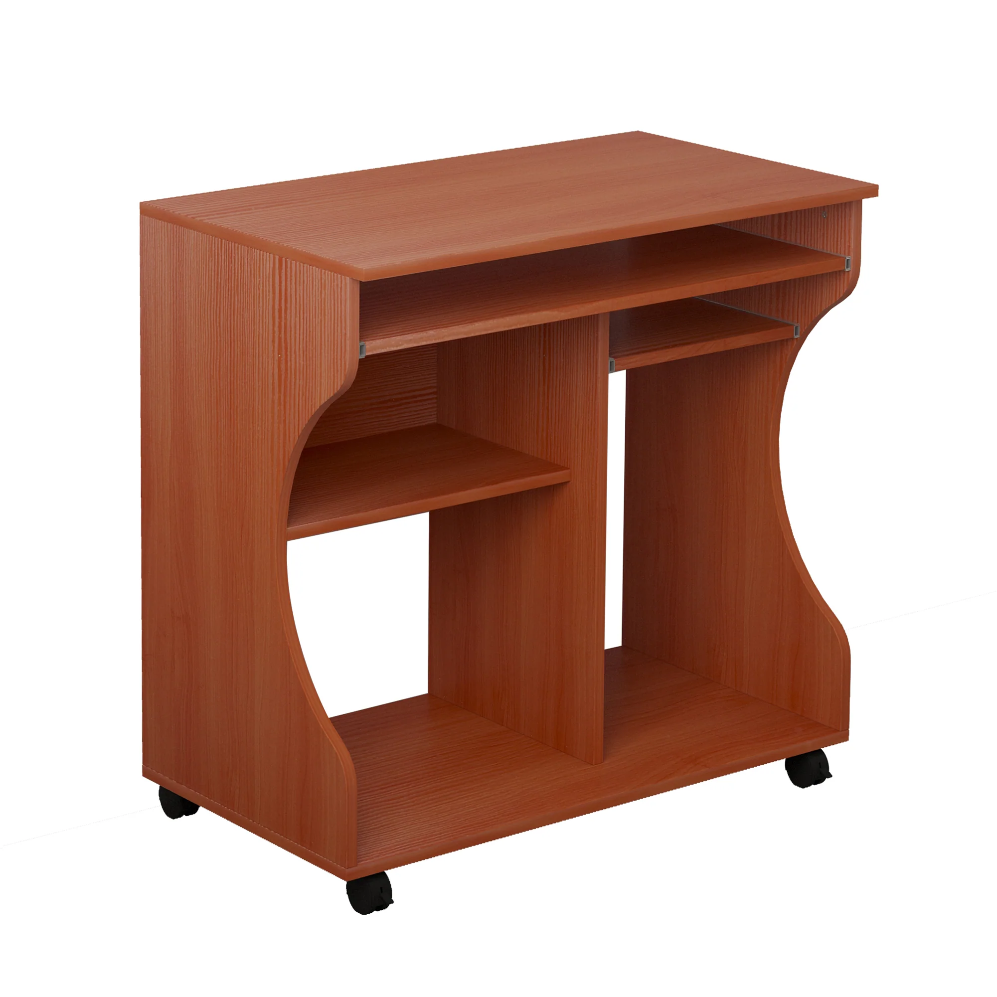 Computer Desk with Sliding Keyboard Tray, Storage Shelves, PC Desk on Wheels, Cherry Wood