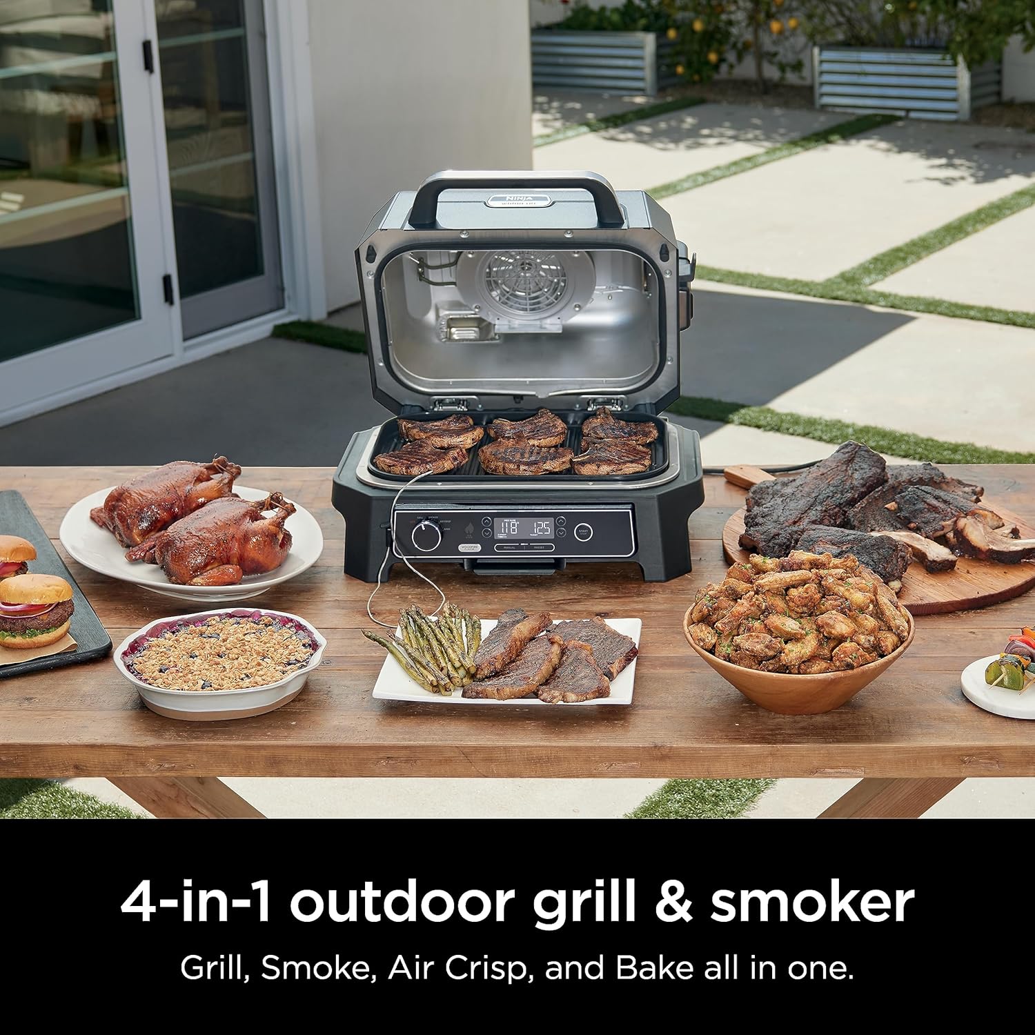 2026 Ninja, Woodfire Pro XL Outdoor Grill & Smoker, Thermometer, 4-in-1 Master Grill, BBQ Smoker, Outdoor Air Fryer, Bake, Portable, Electric Grill, Dark Grey, OG850