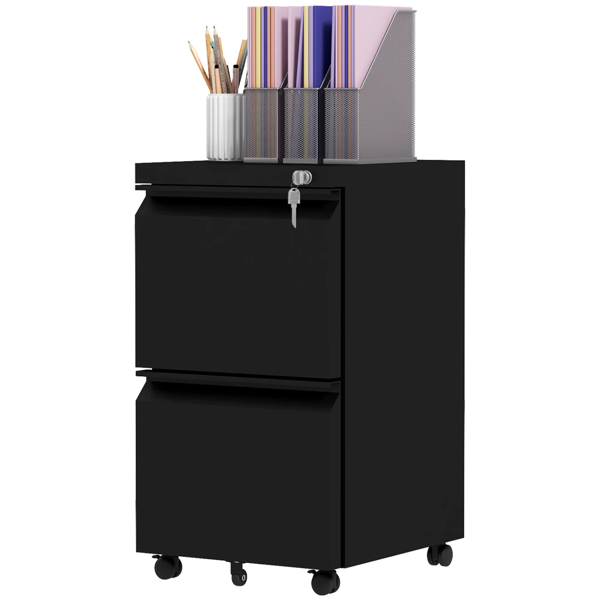 2-Drawer Mobile Filing Cabinet, Steel Lockable File Cabinet, Pre-Assembled Body, Black