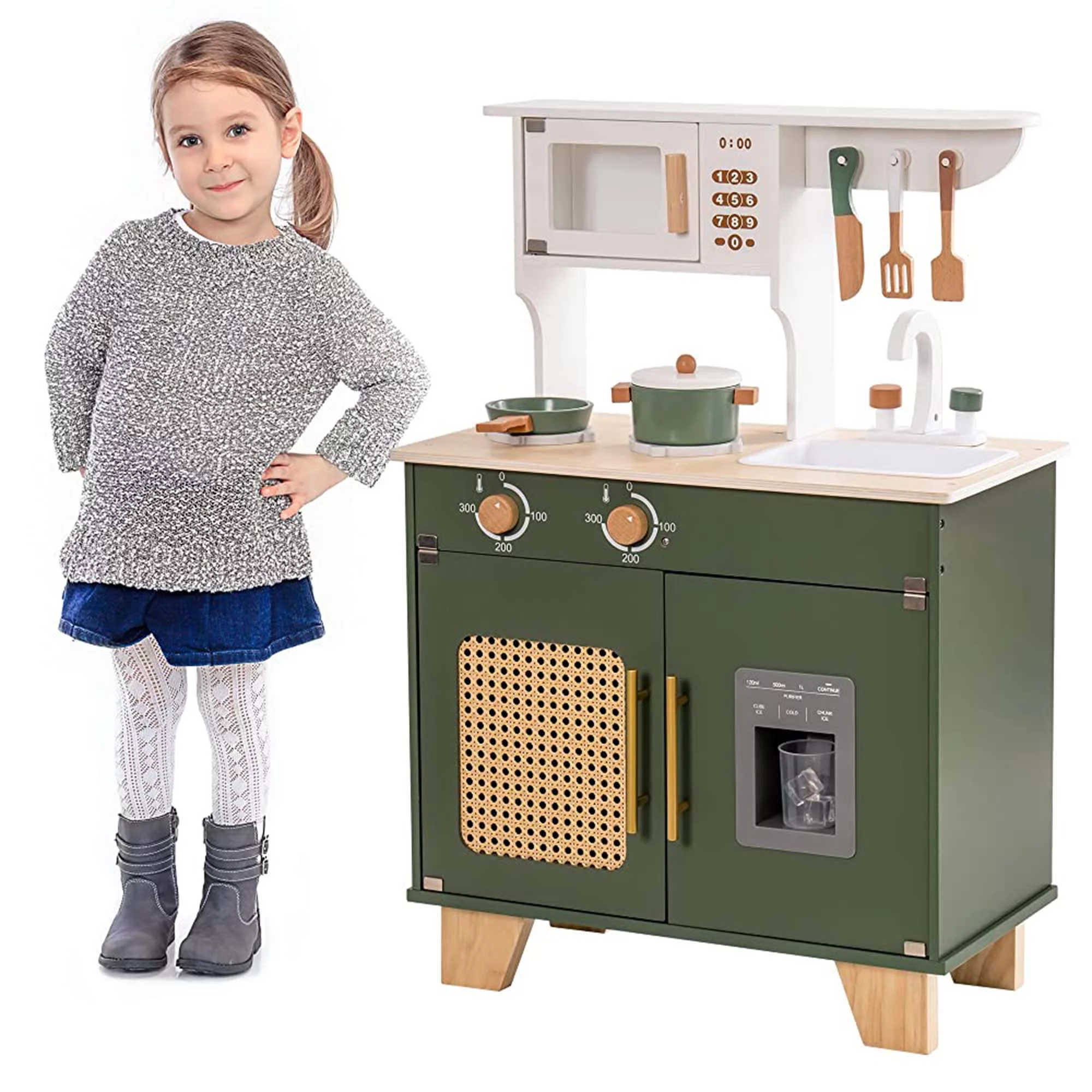 2026 Robud Kids Kitchen Play Set with Ice Maker for Toddler, Pretend Playset Wooden Toy for Kids Age 3+ ,Vintage Green