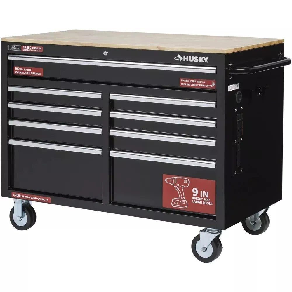 2026 46 in. W x 24 in. D 9-Drawer Gloss Black Deep Tool Chest Mobile Workbench