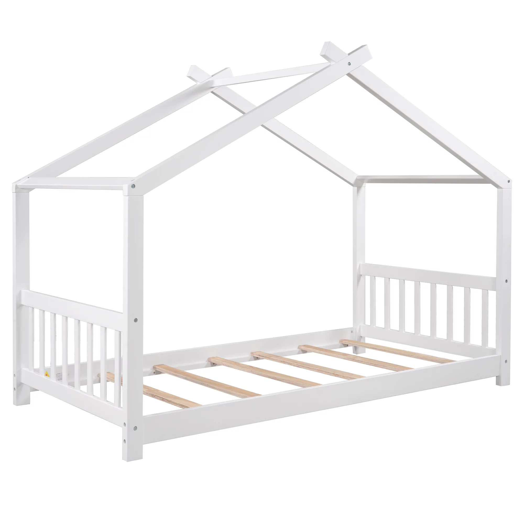 2026 Twin Size White House Platform Bed with Roof Design Headboard and Footboard, Kids Bedroom Furniture