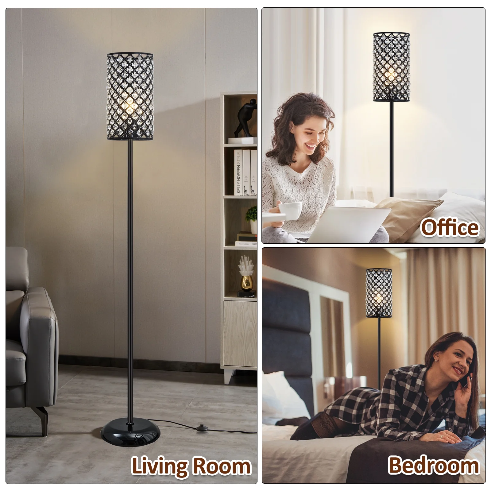 Natyswan Crystal Floor Lamp, Modern Black Floor Lamp with on/off Foot Switch,Tall Pole Accent Lighting for Living Room, Girl Bedroom, Dresser, Office
