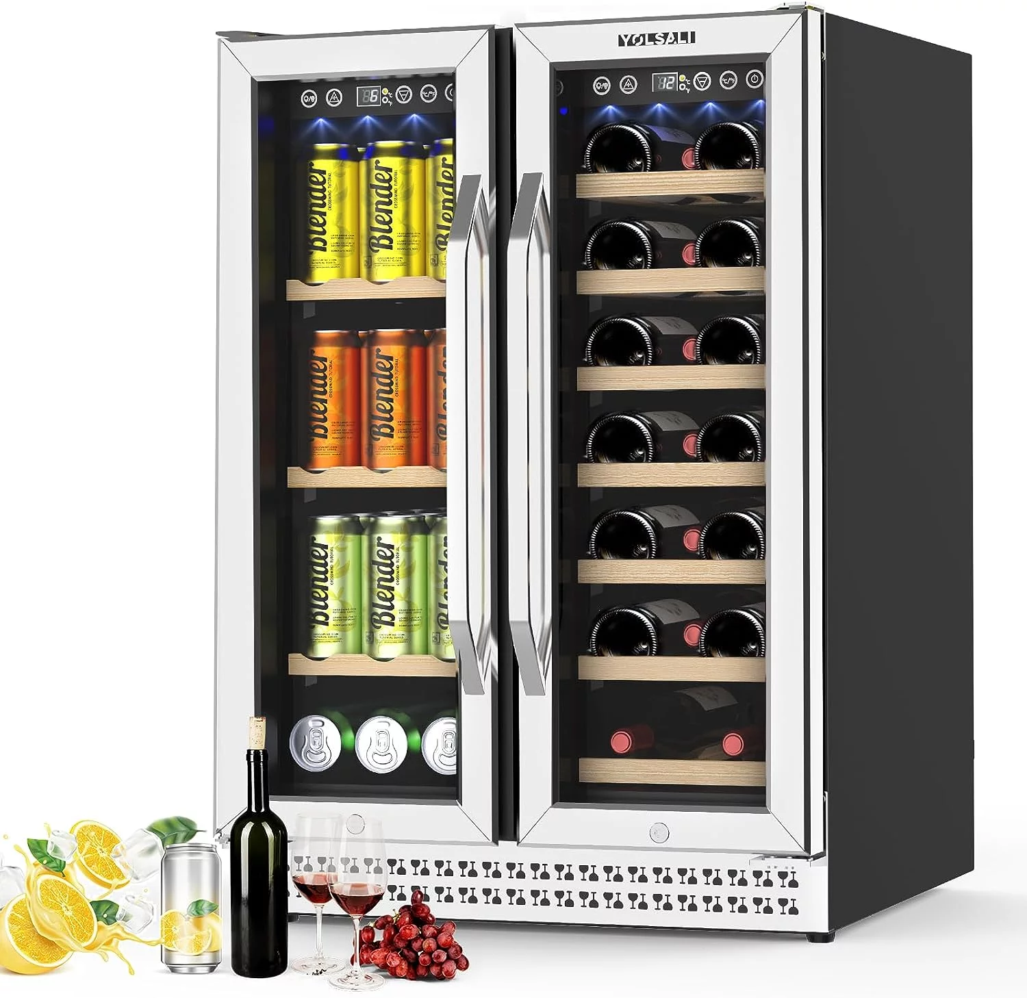 2026 Yolsali 24 Inch Wine Cooler, Beverage Refrigerator, Dual Zone Wine Cooler Refrigerator with 2 Safety Locks, Adjustable Legs, Soft LED Light, Hold 20 Bottles and 57 Cans, Built-In or Freestanding