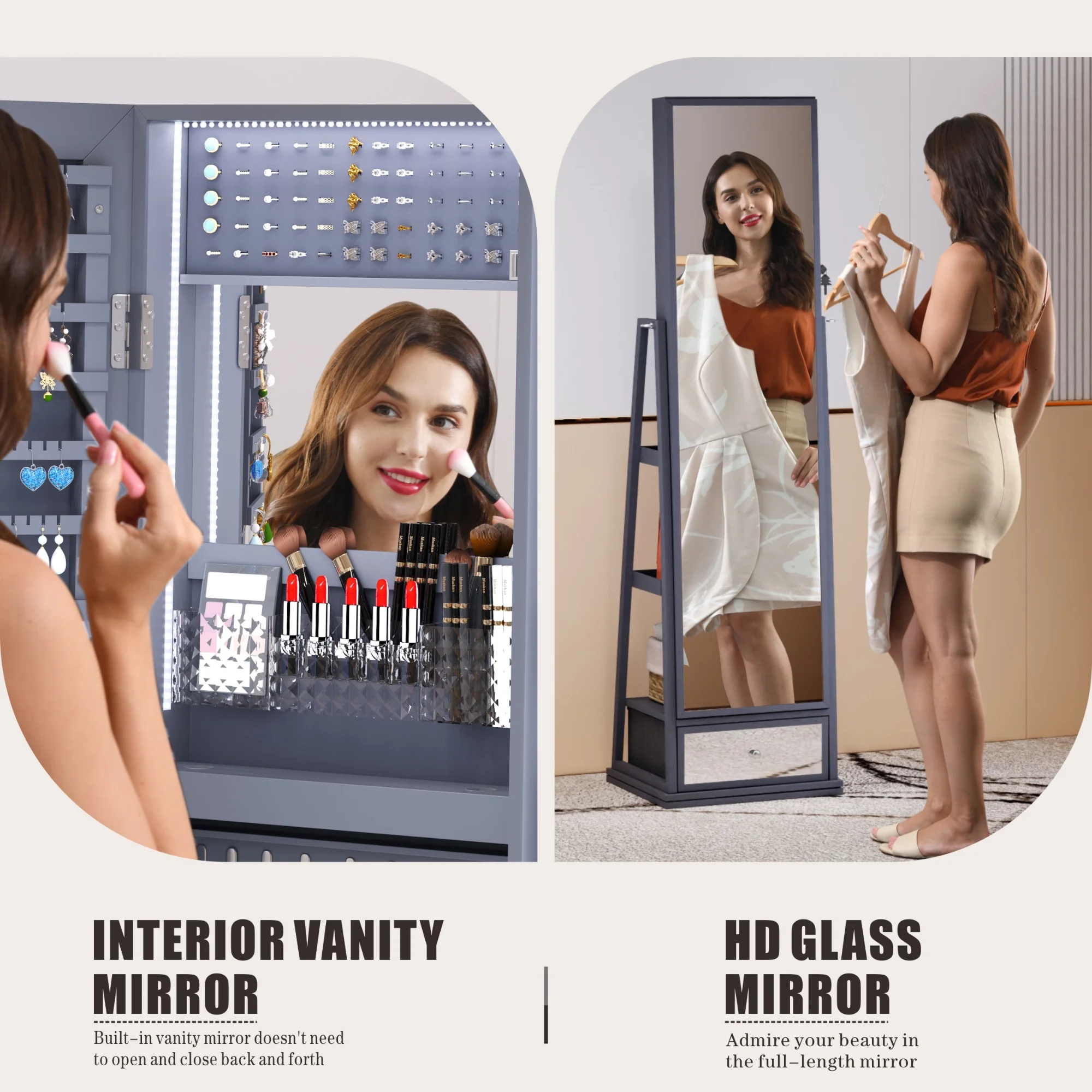 2026 FREDEES Standing Jewelry Cabinet with Mirror and Lights, Wooden Jewelry Armoire Organizer with Full-Length Mirror for Women, Grey