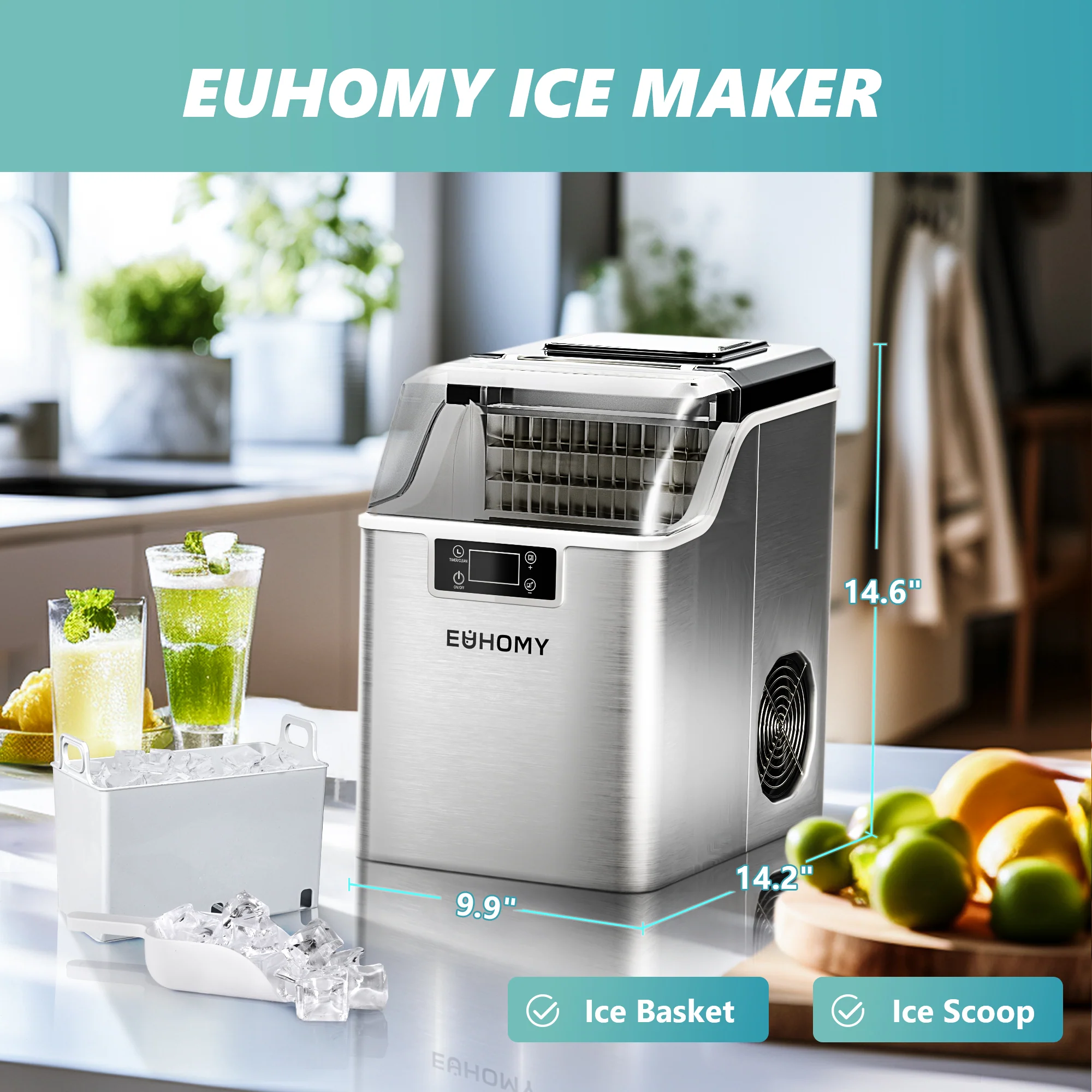 2026 EUHOMY 14'' Cube Ice Compact Ice Maker Selectable Ice Thickness with Water Bucket