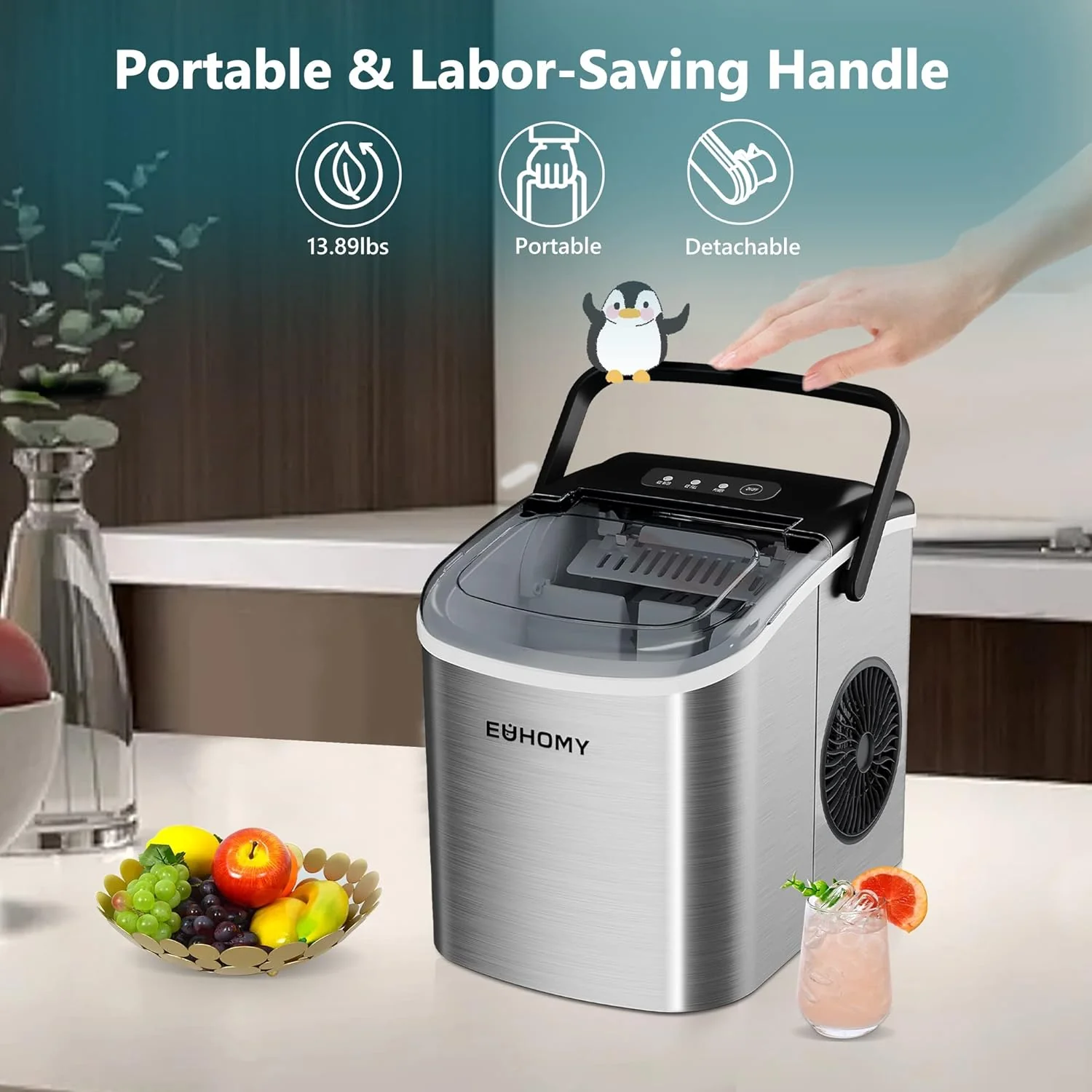 2026 EUHOMY Energy-saving 12'' Silver Bullet Ice Portable Ice Maker with Handle