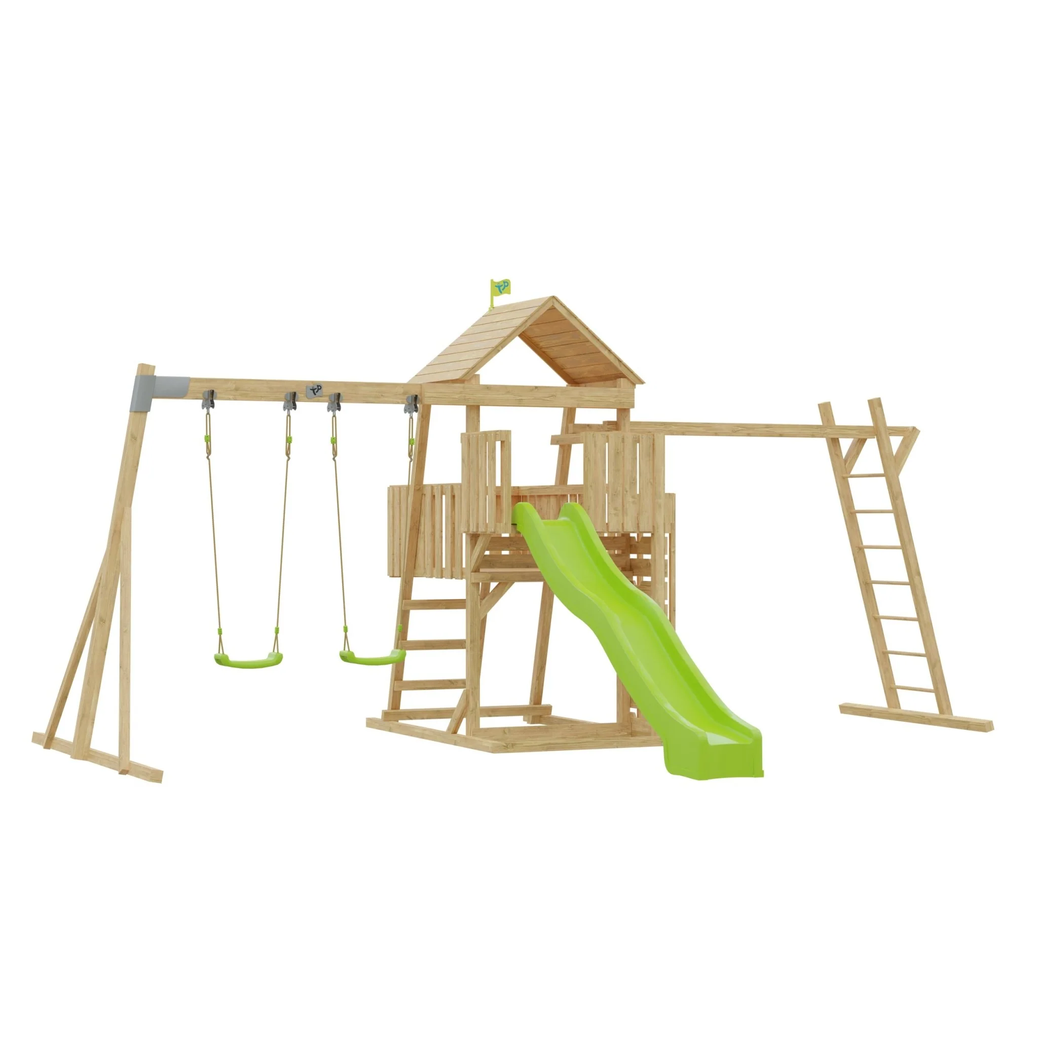 Kingswood wooden climbing frame with climbing bridge, 2 Roped swing seats & Ripple Slide - FSC® certified