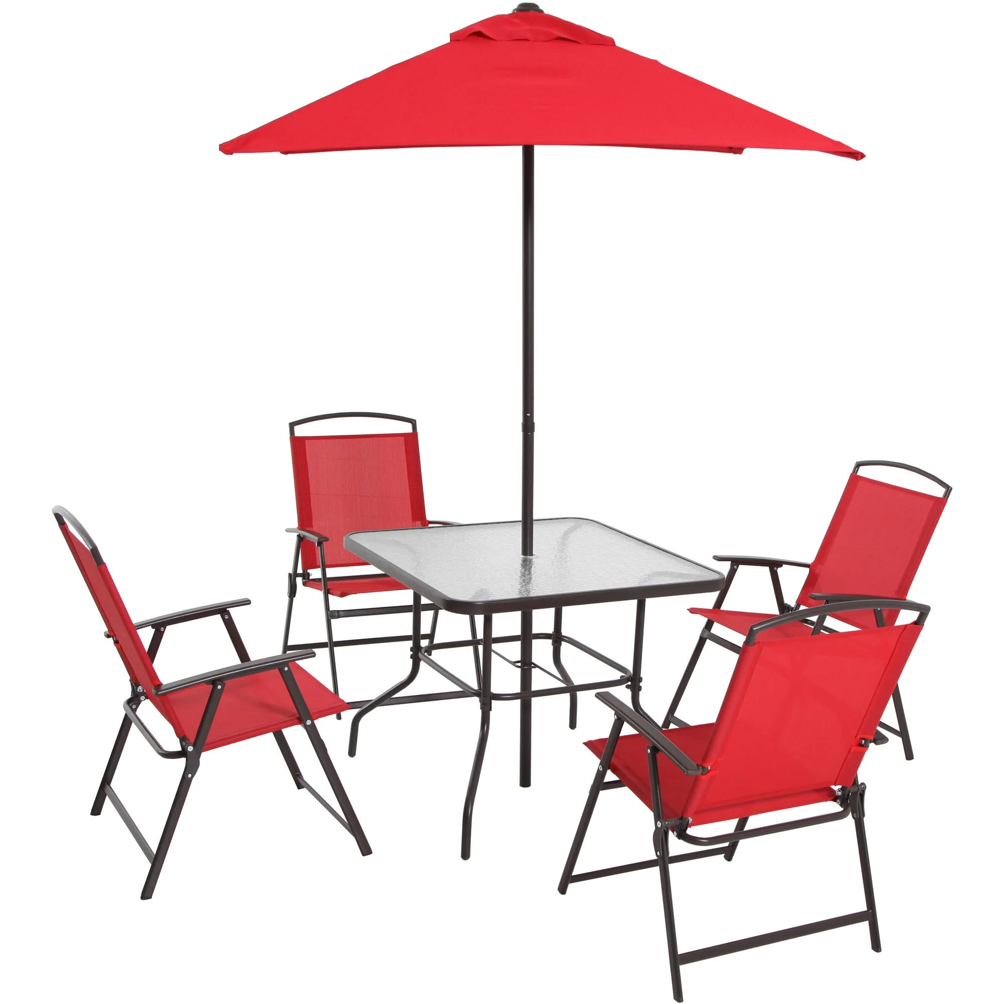 2026 Mainstays Albany Lane Steel 6-Piece Outdoor Patio Dining Set with Umbrella, Red