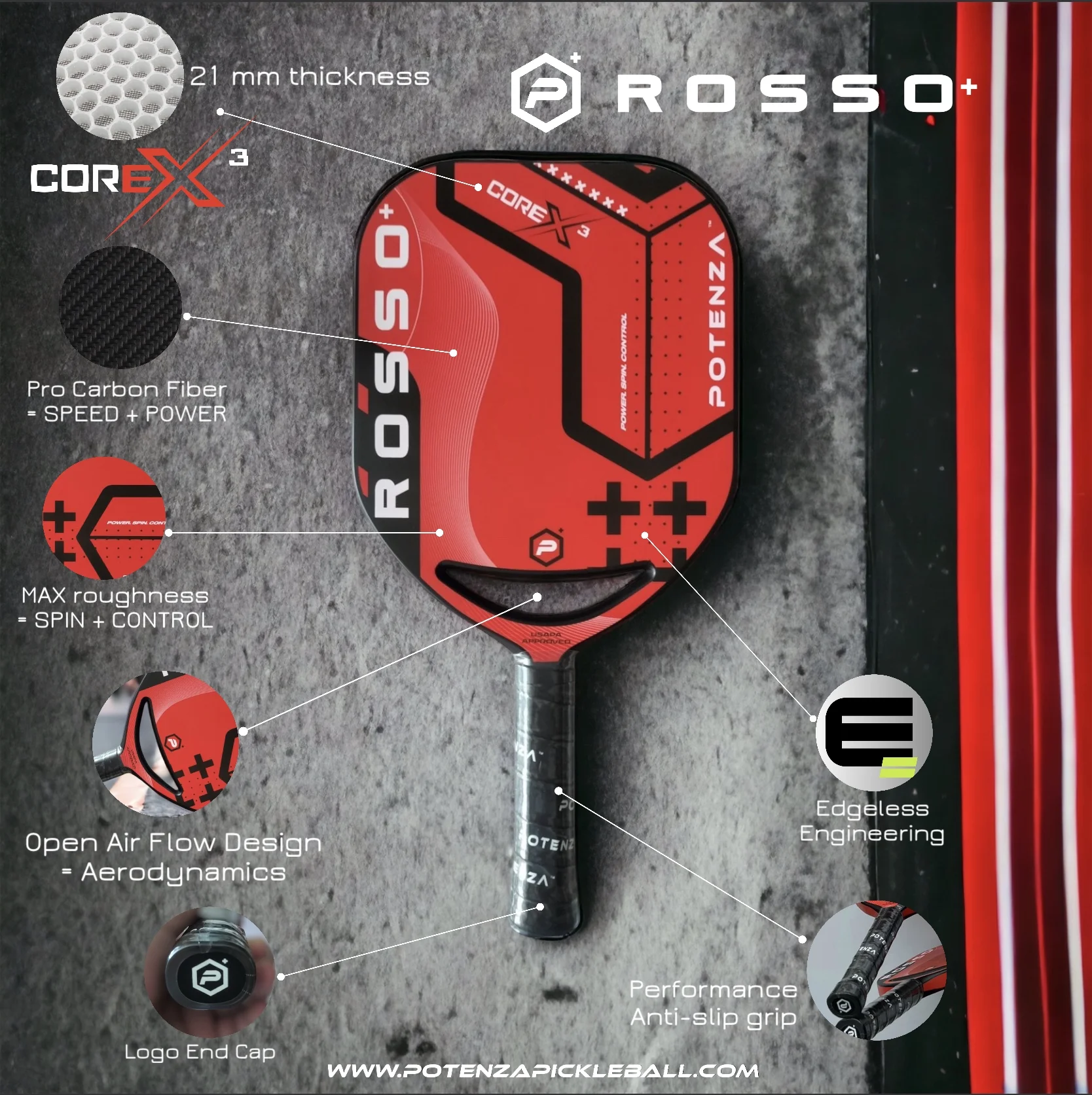 2026 Potenza ROSSO+ Pro Pickleball Paddle (Carbon Fiber, 21mm COREx3 Open Throat)