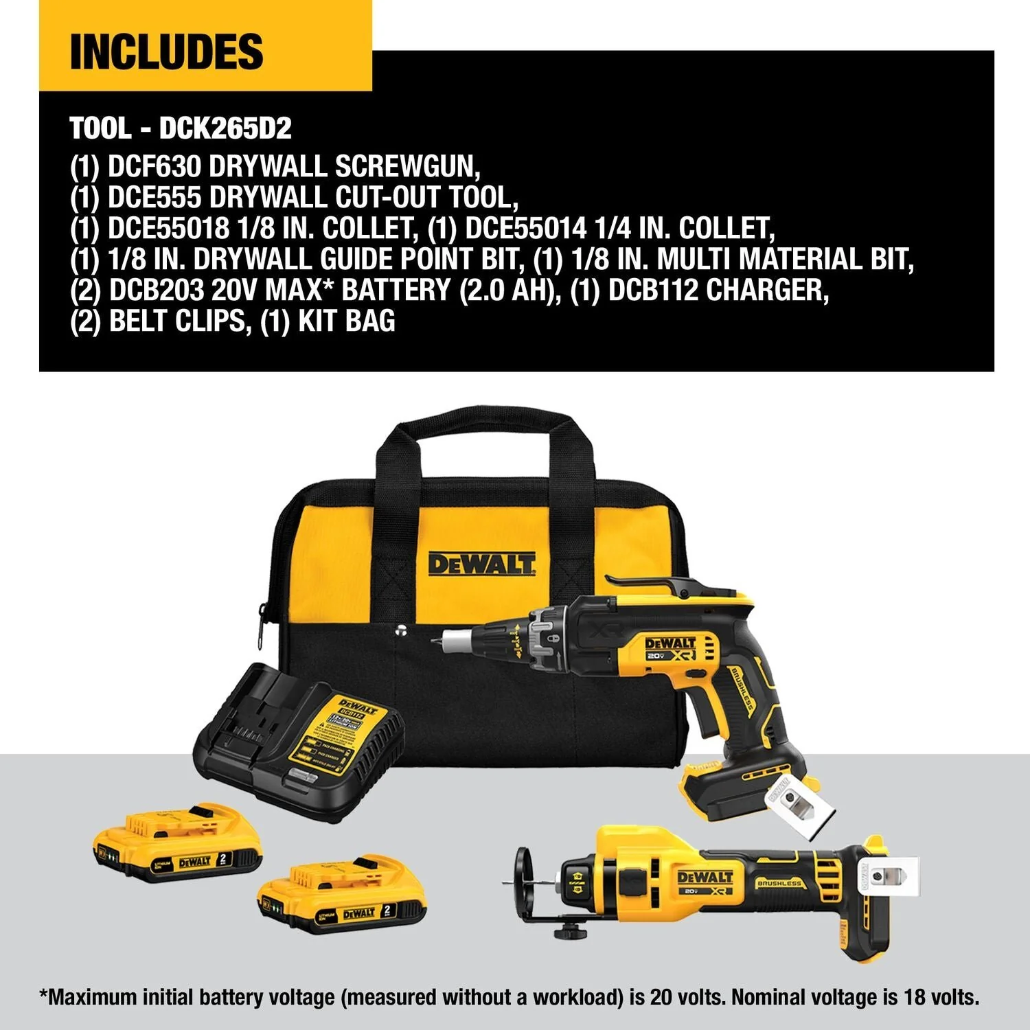 2026 DEWALT DCK265D2-20V MAX* XR Brushless Drywall Screwgun and Cut-Out Tool Combo Kit (2.0Ah)