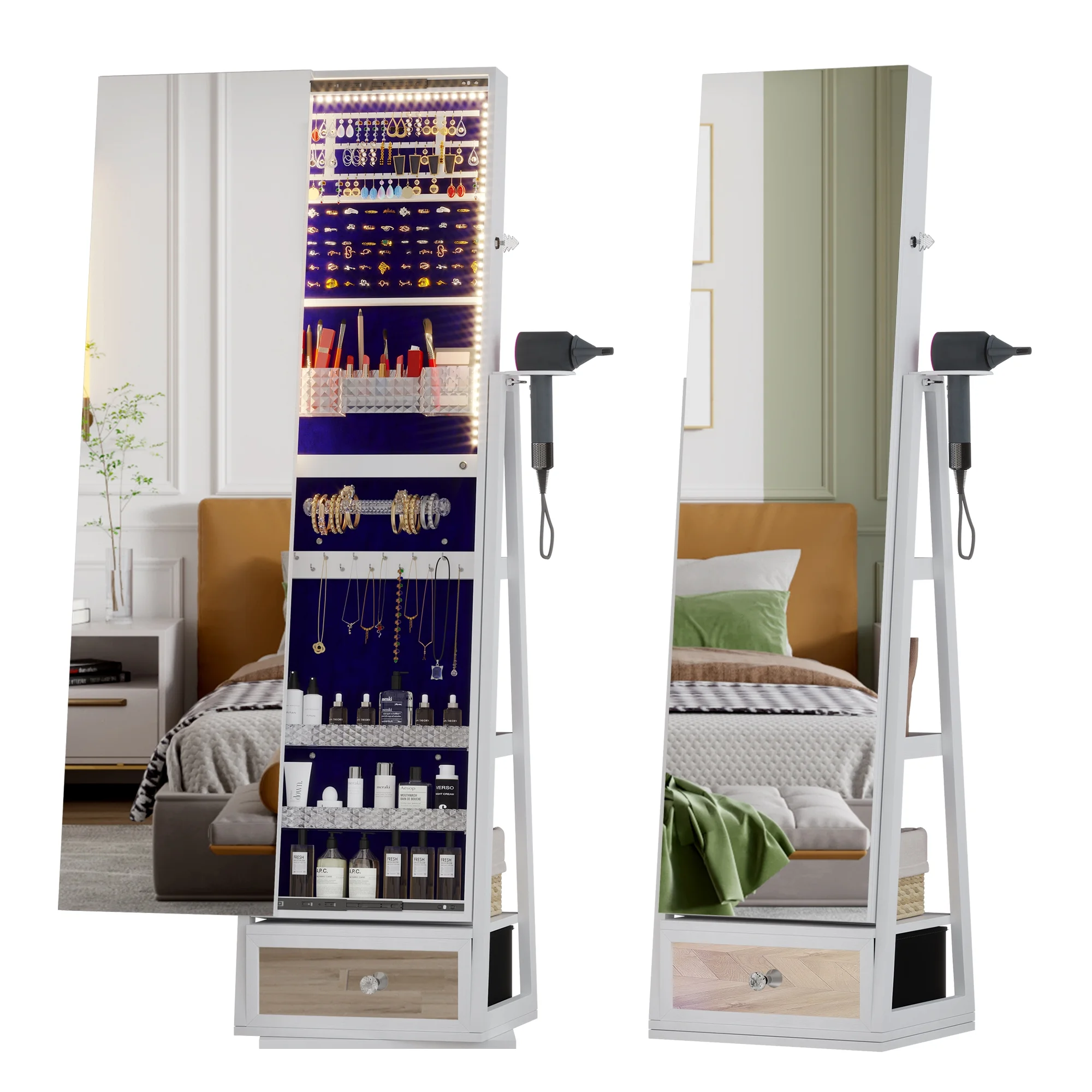 2026 LVSOMT 360 Swivel Jewelry Cabinet with Lights, Standing Rotatable Jewelry Armoire Organizer with Lock, Full Length Mirror with Jewelry Storage, White