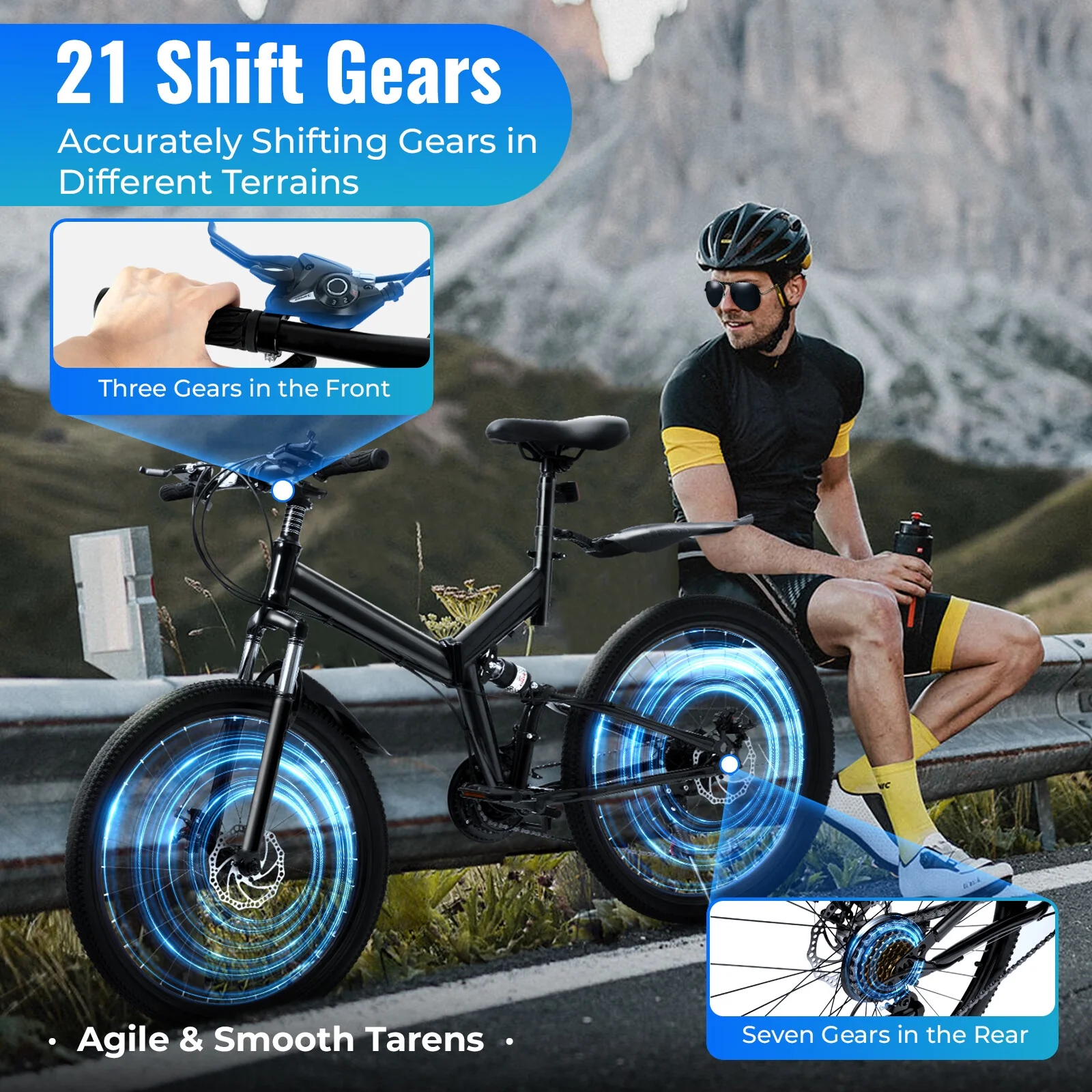 2026 Aiqidi 26 Inch 21 Speed Folding Mountain Bike Full Suspension Dual Disc Brakes Bicycle Unisex Adult Bicycle Black